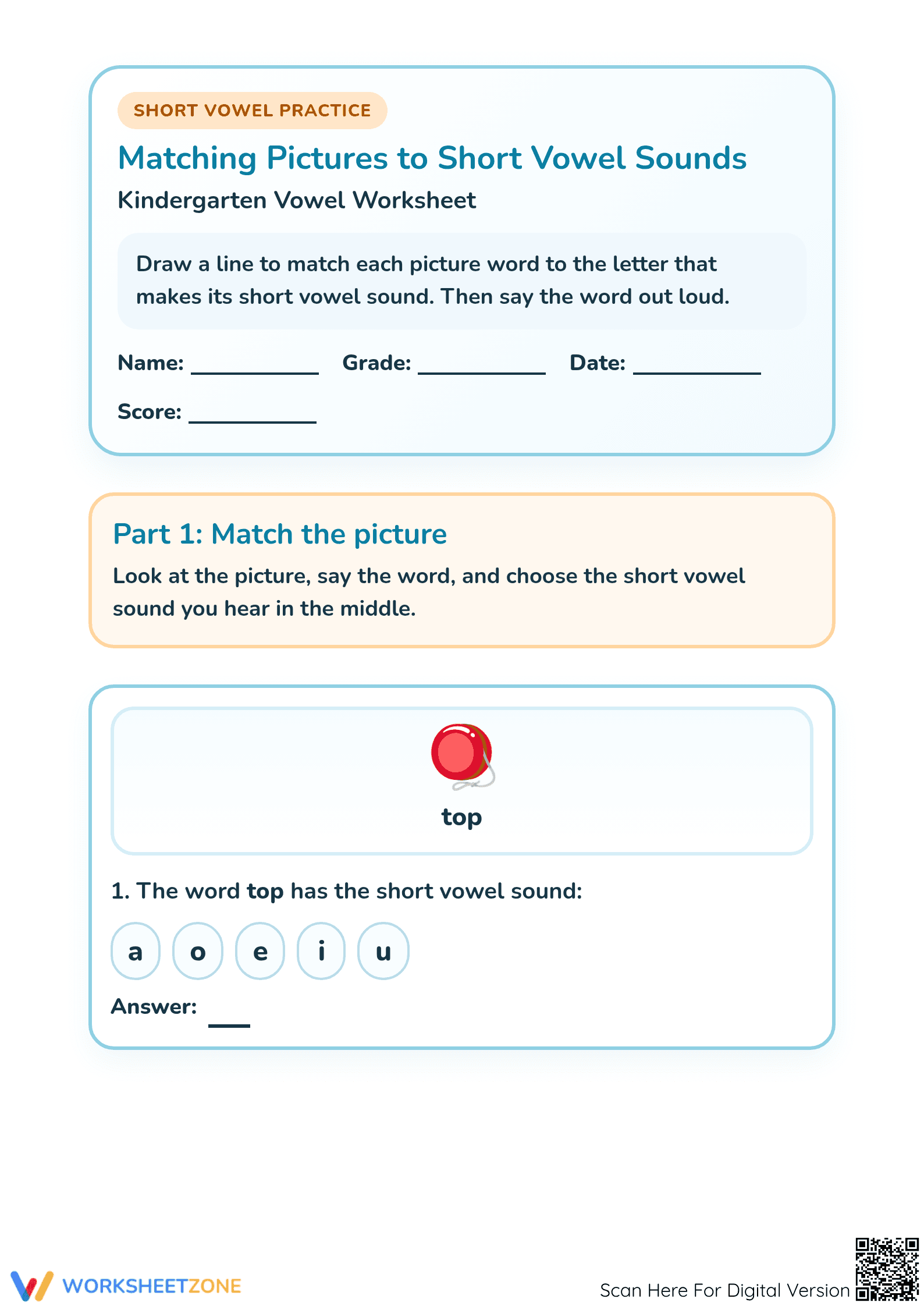 Short Vowel Sounds Worksheet | Grade K-1 Printable - Page 1