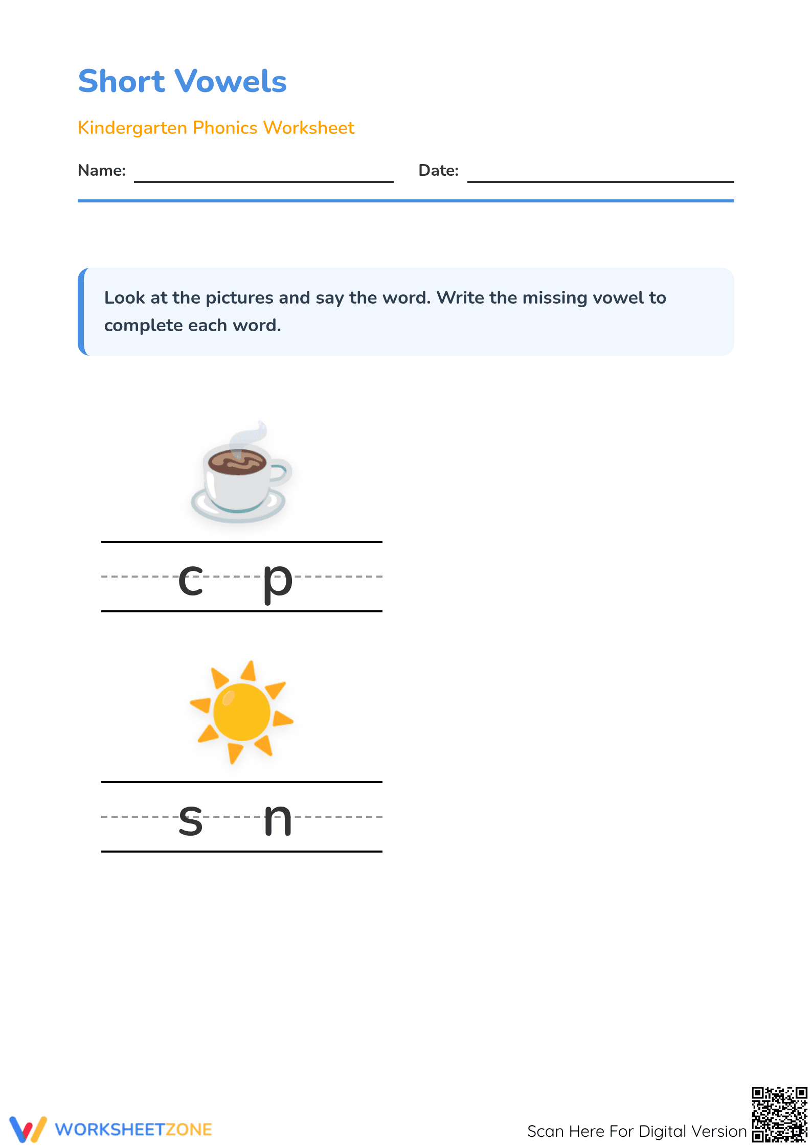 Grade K Short Vowels — Printable No-Prep Worksheet - Page 1