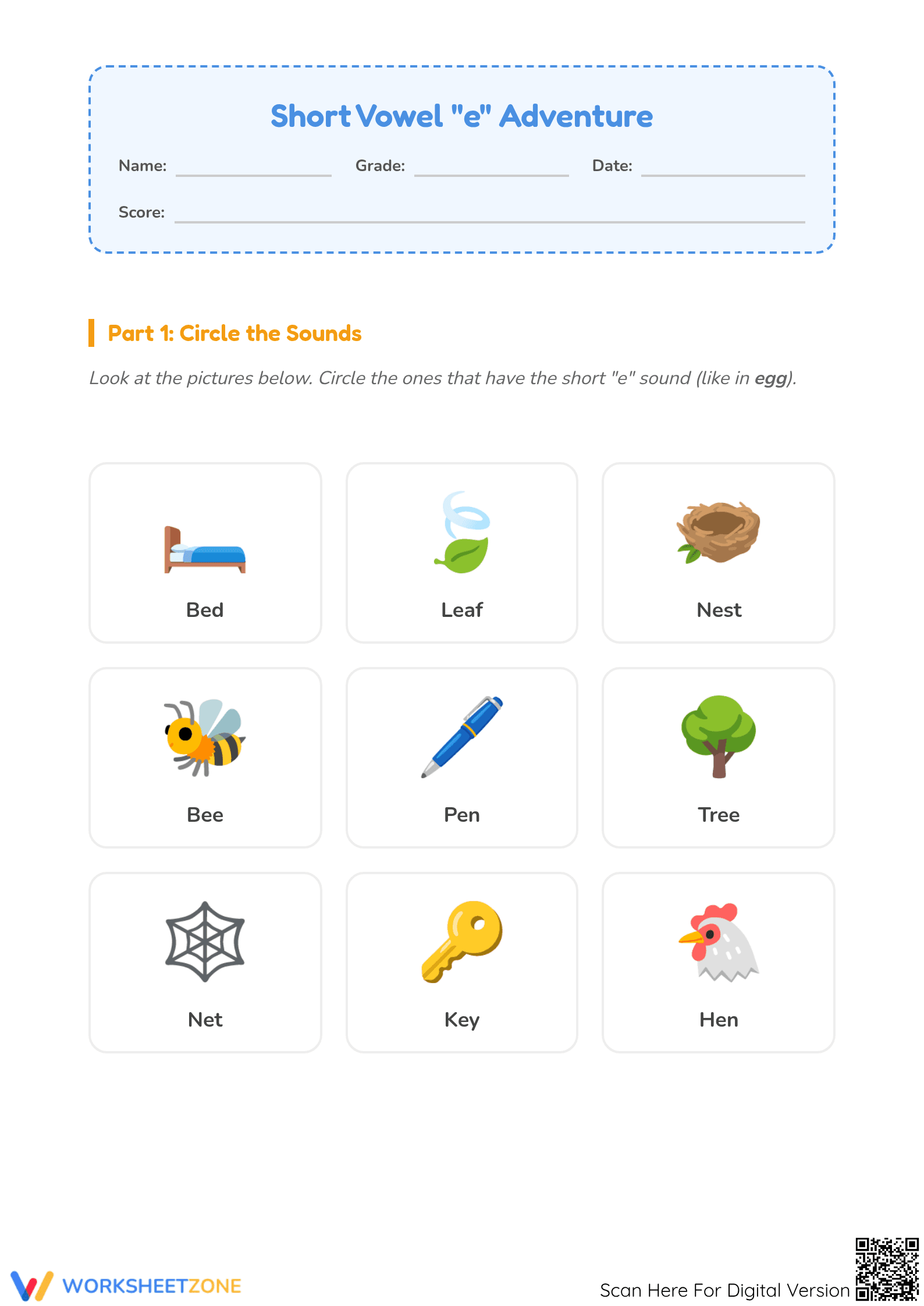 Short Vowel E Printable Worksheet | Grade 1 Phonics - Page 1