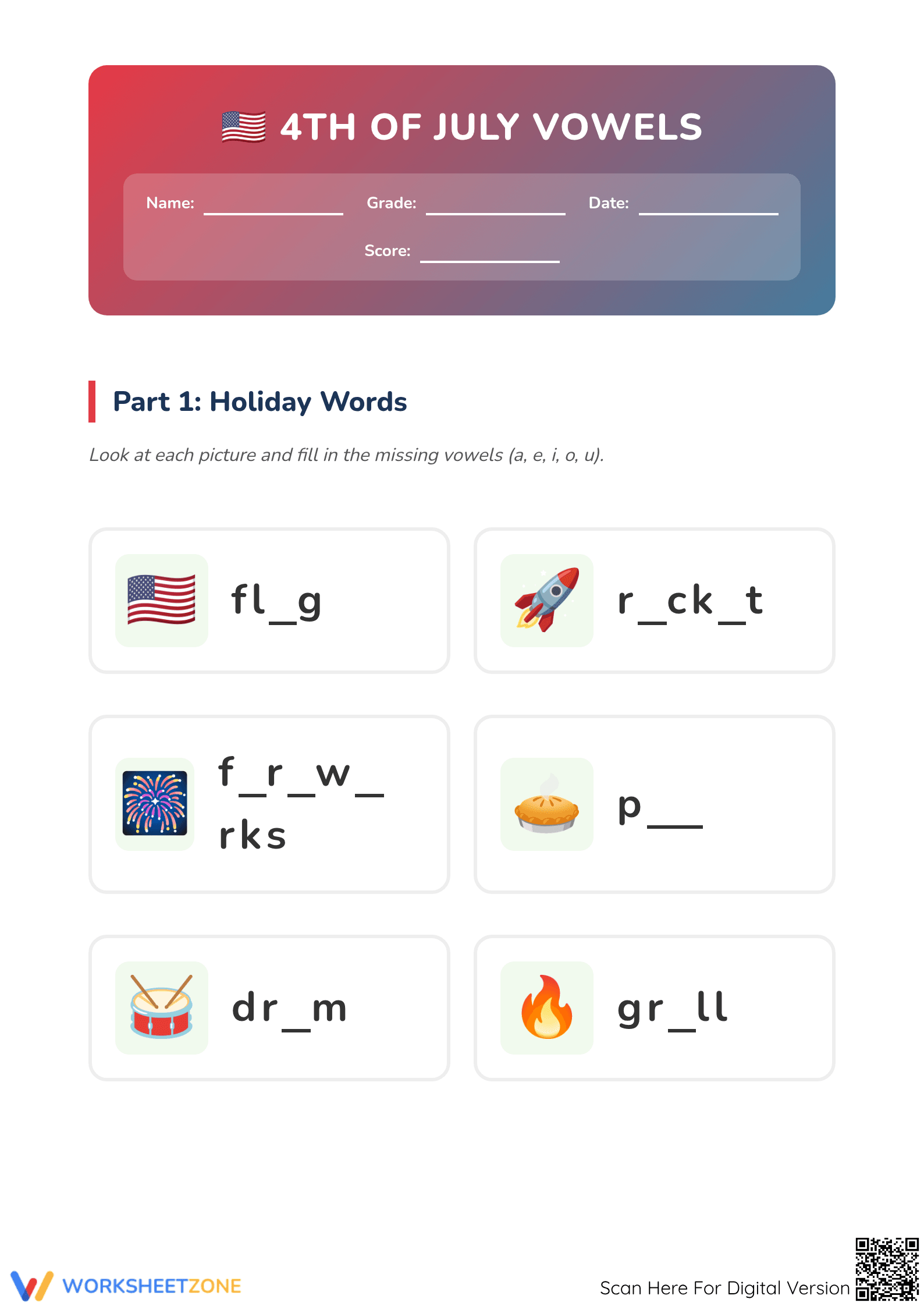 4th of July Vowels Worksheet | Preschool ELA Ready - Page 1