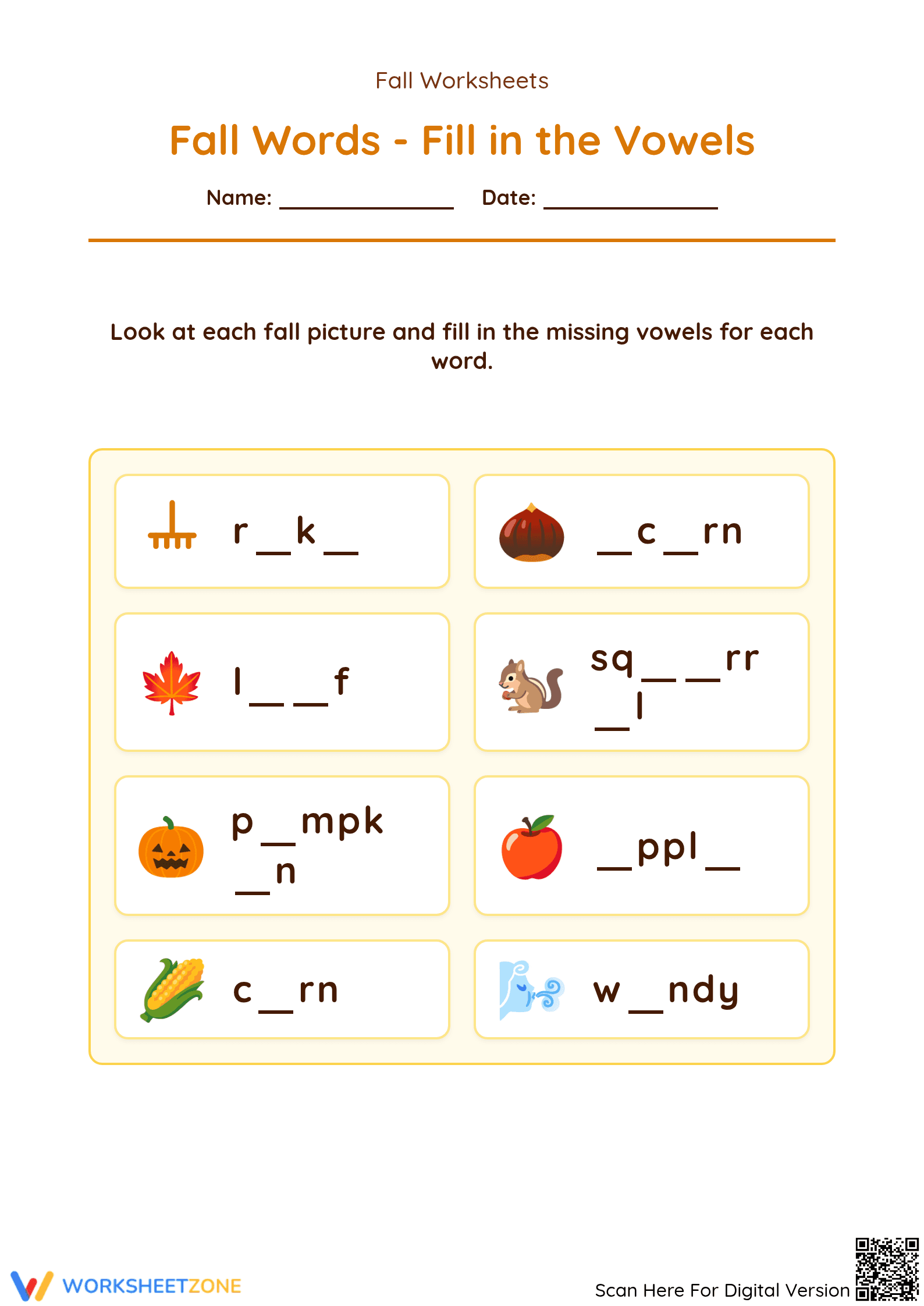 Fall Vowels Worksheet | Essential Preschool ELA - Page 1