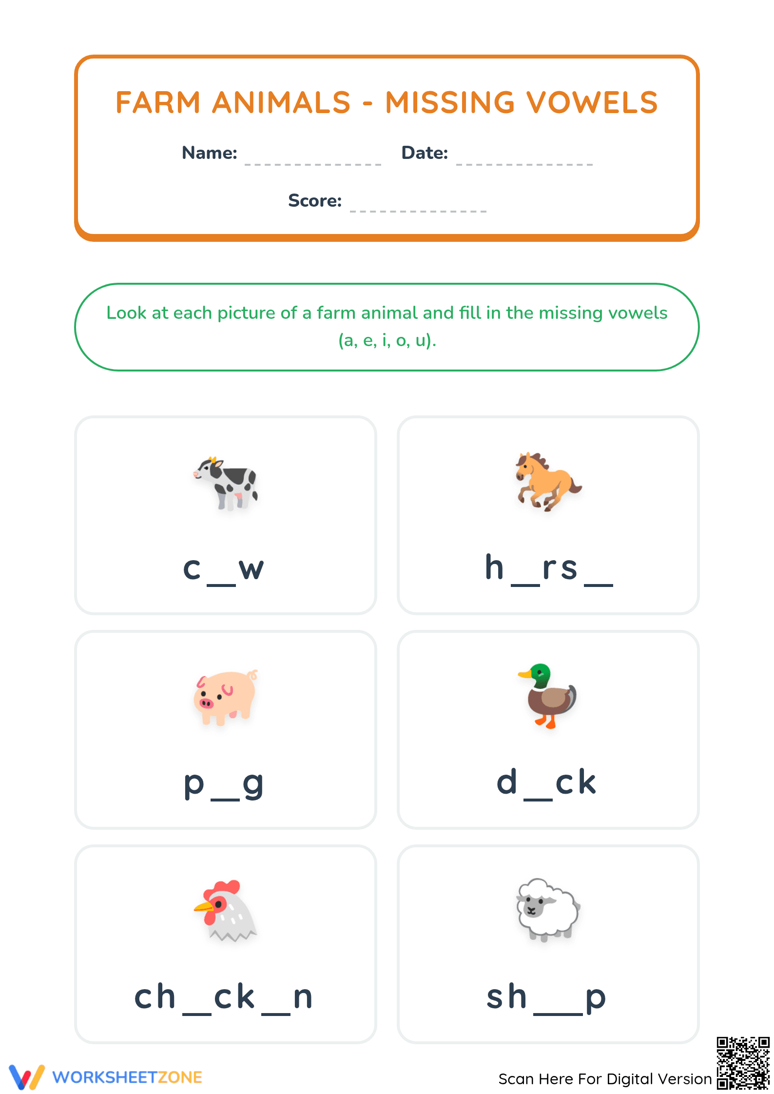 Farm Animals Vowel Practice | Essential Preschool ELA - Page 1