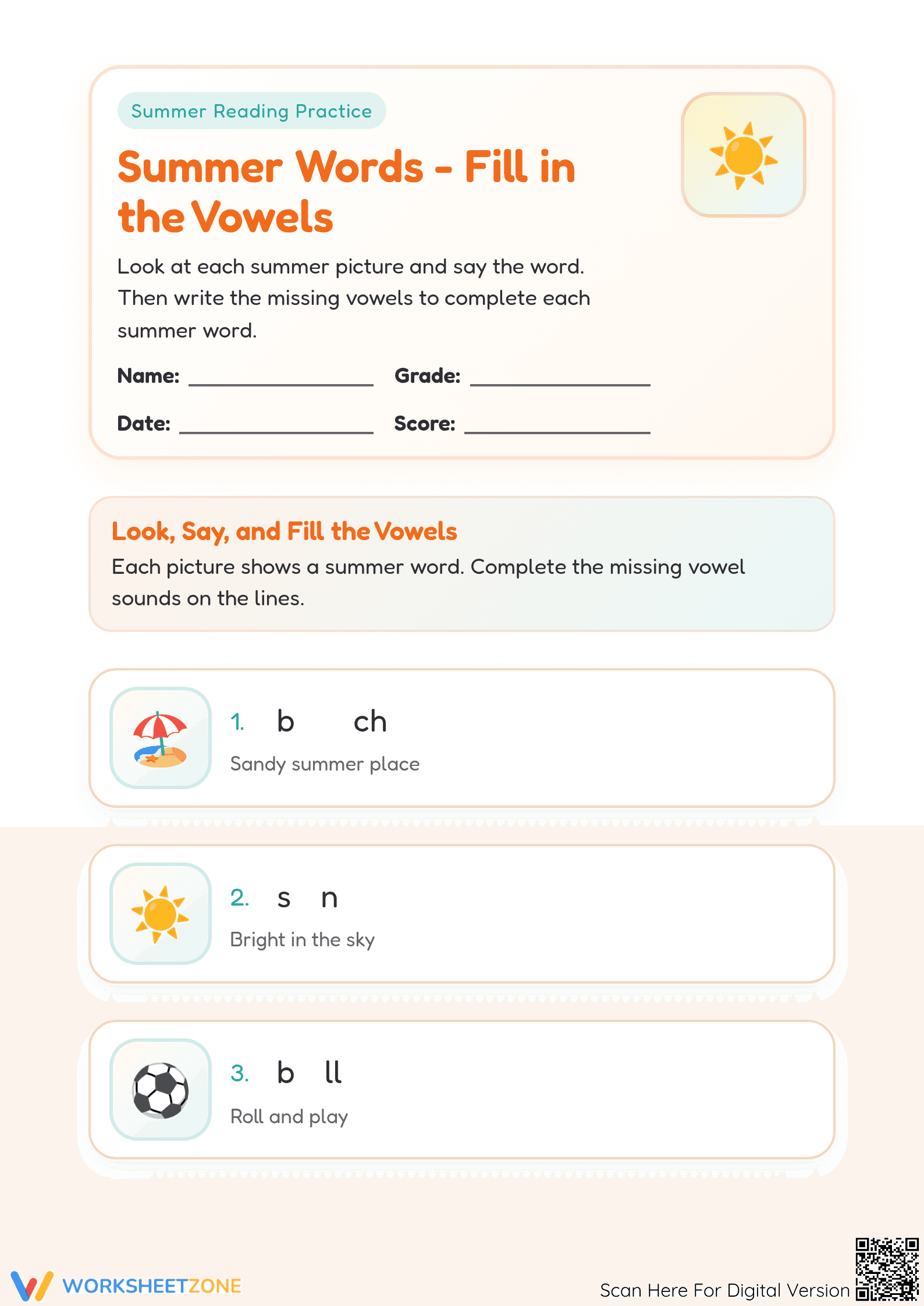 Summer Vowel Fill-in Worksheet | Preschool Printable - Page 1