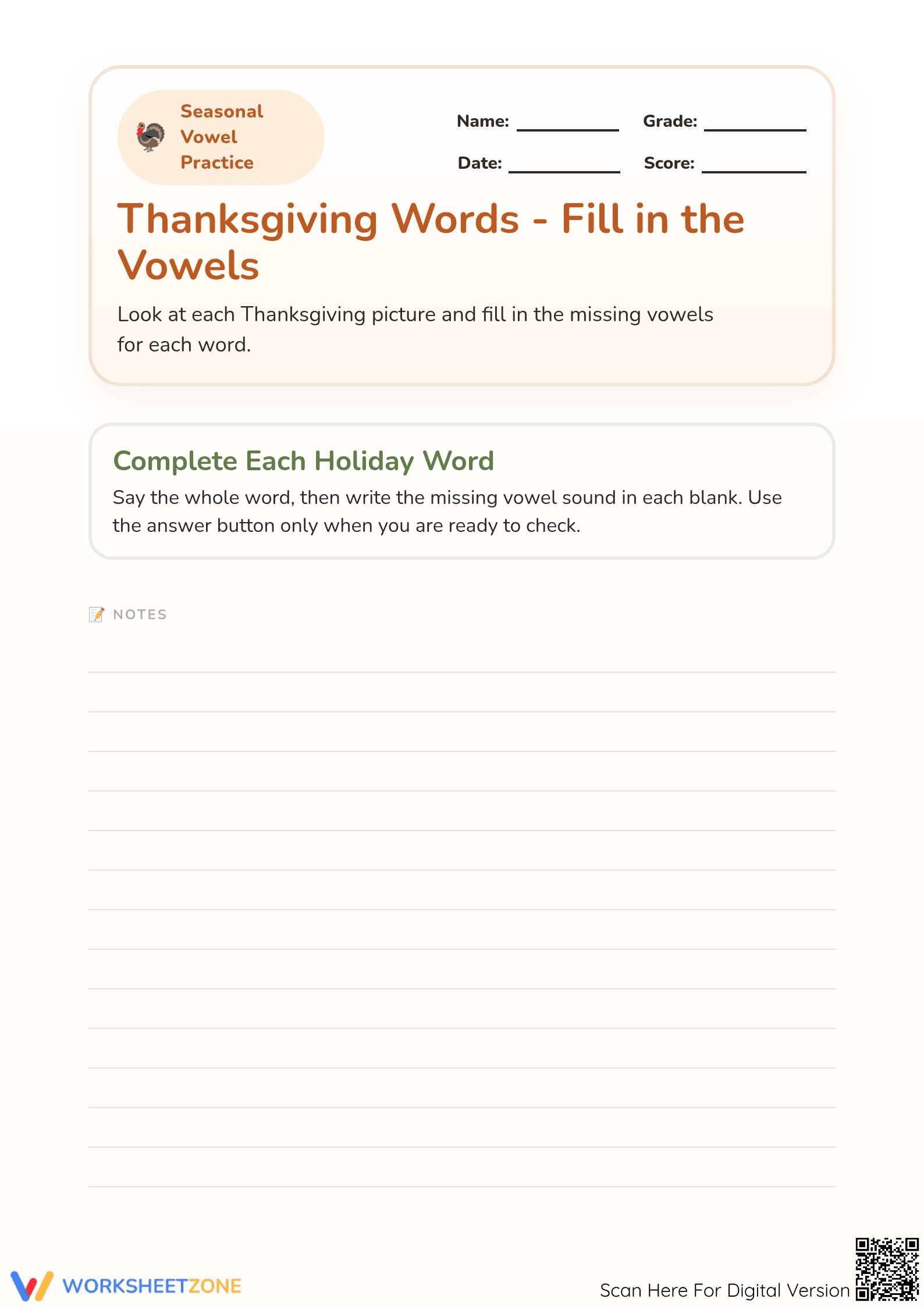 Essential Thanksgiving Vowel Practice Worksheet - Preschool - Page 1