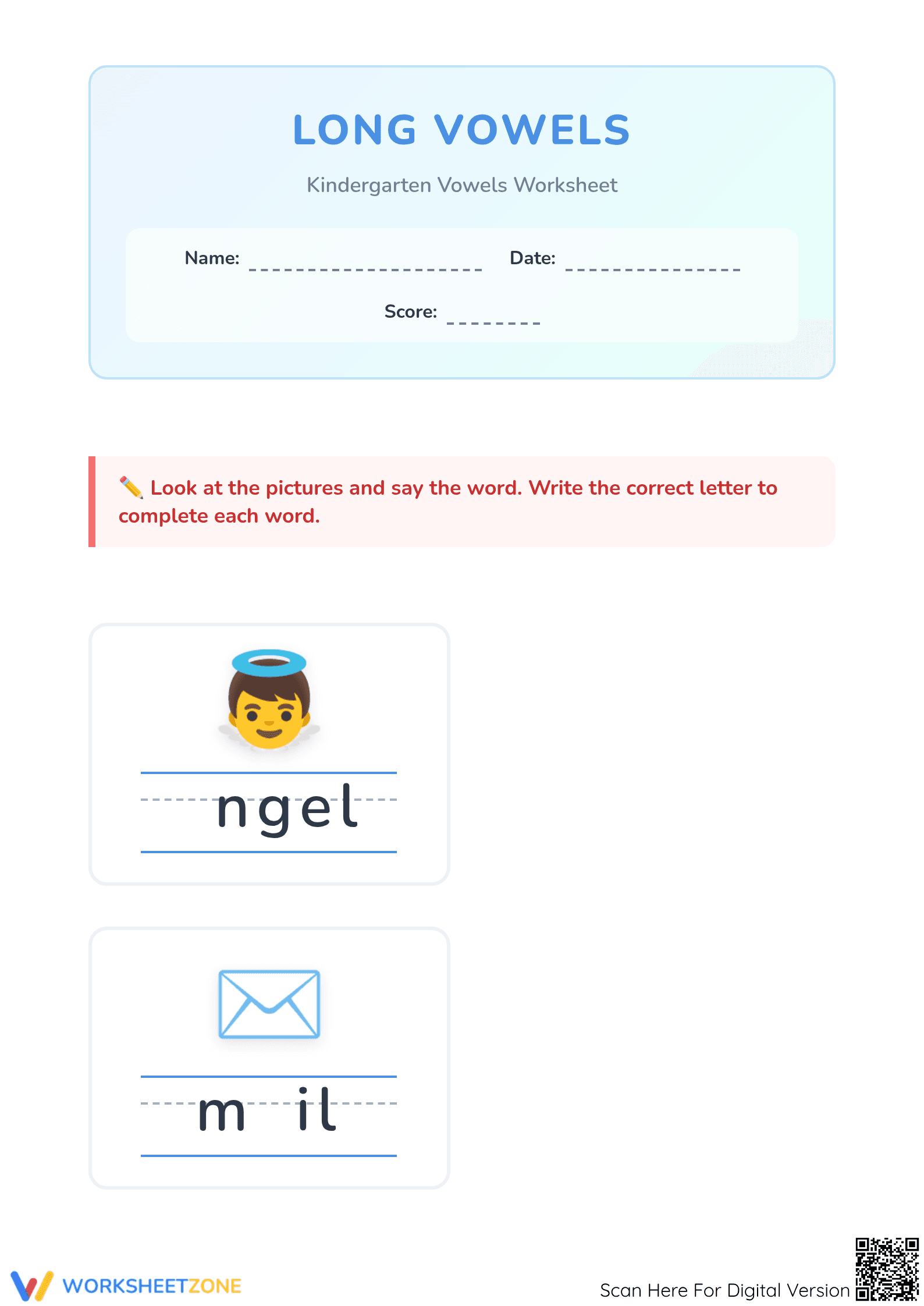 Long Vowel A Worksheet | Grade K ELA Printable - Page 1