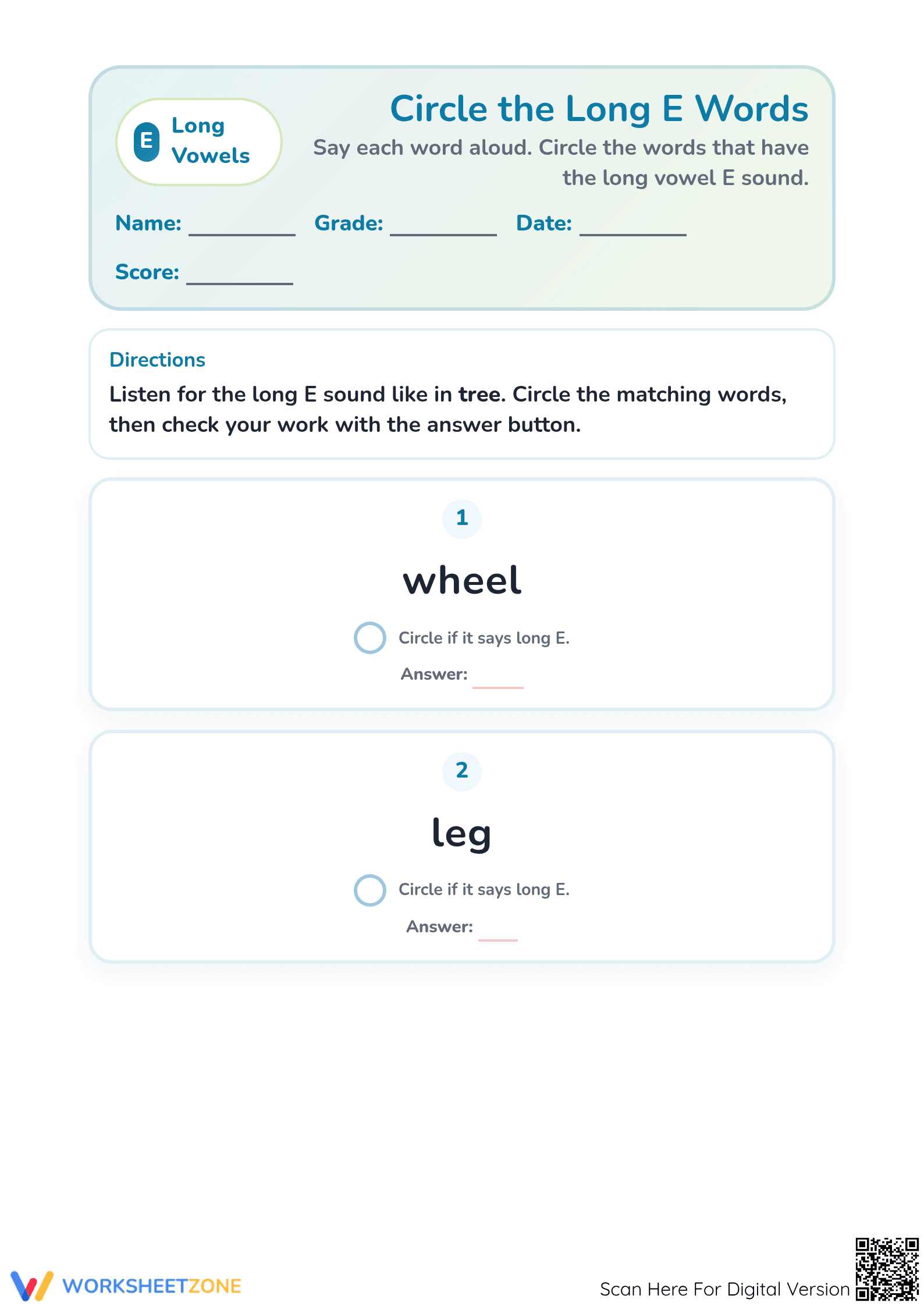Long Vowel E Worksheet | Grade 1 Printable Phonics - Page 1