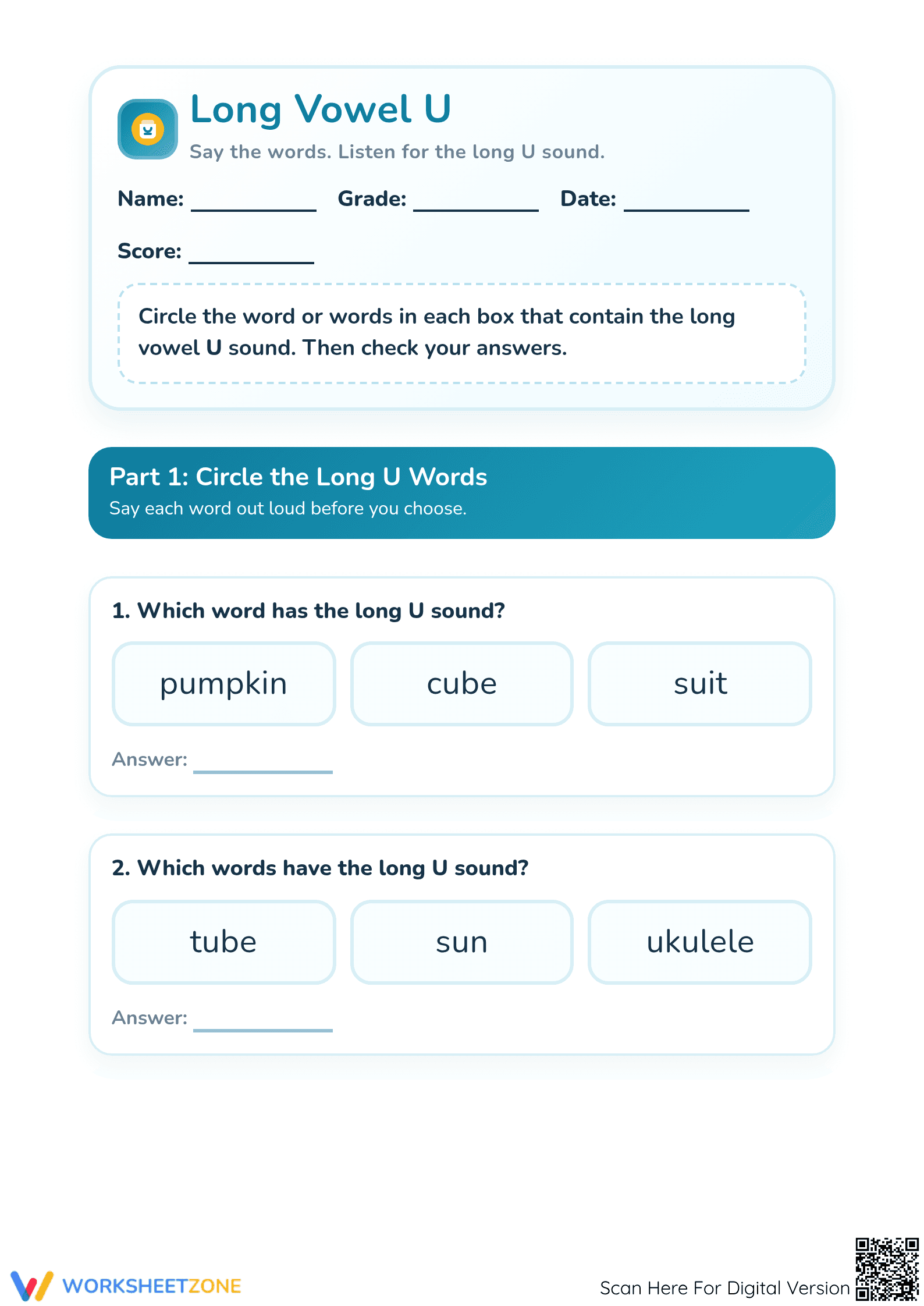 Printable Long Vowel U Phonics Worksheet | Grade 1 Ready - Page 1