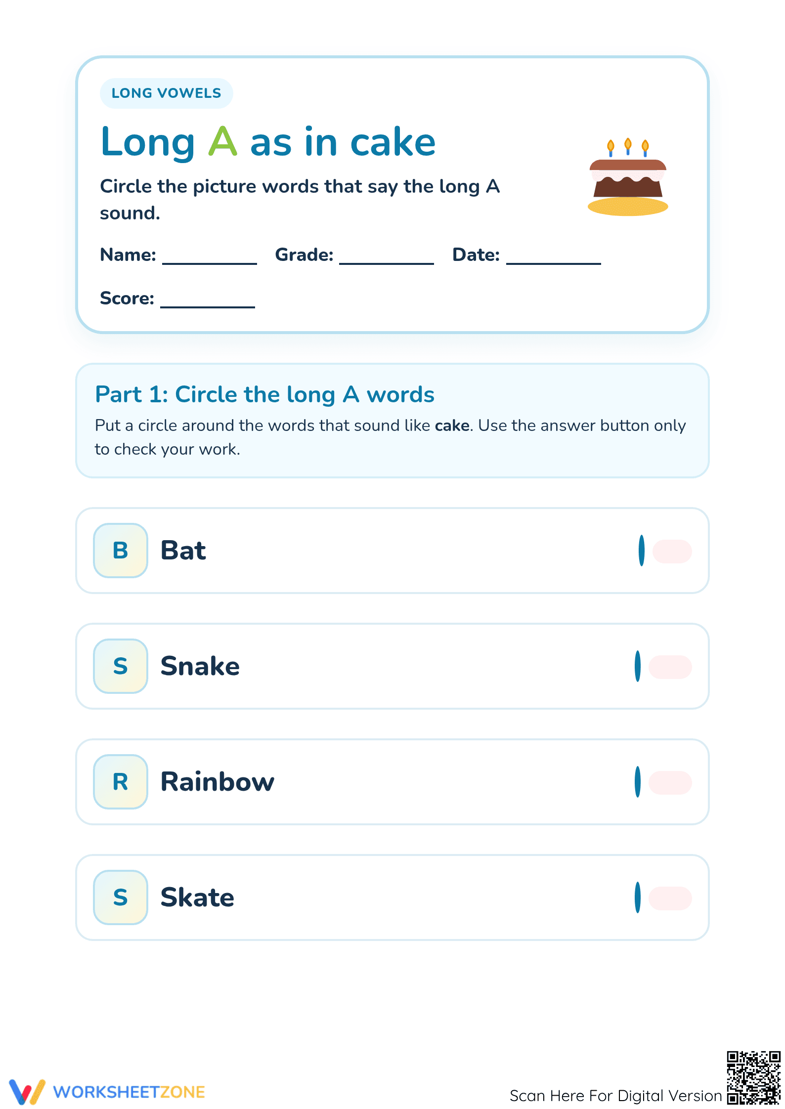 Essential Long Vowel A Worksheet | Grade 1 Phonics - Page 1