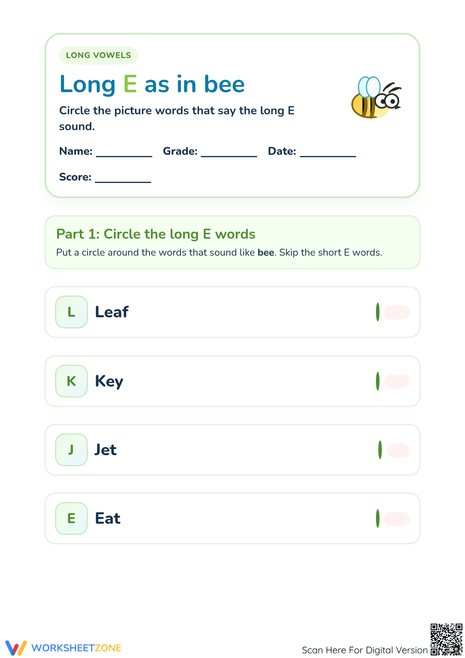 Printable Long Vowel E Phonics Worksheet | Grade 1 ELA - Page 1