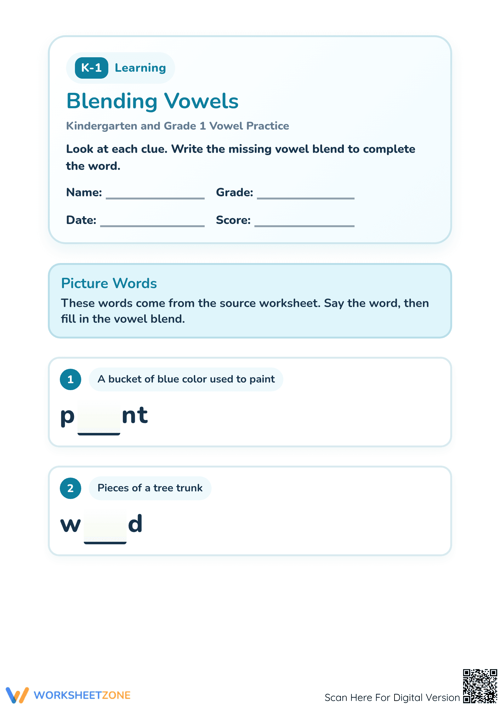 Essential Vowel Blends Worksheet | Grade K-1 Printable - Page 1