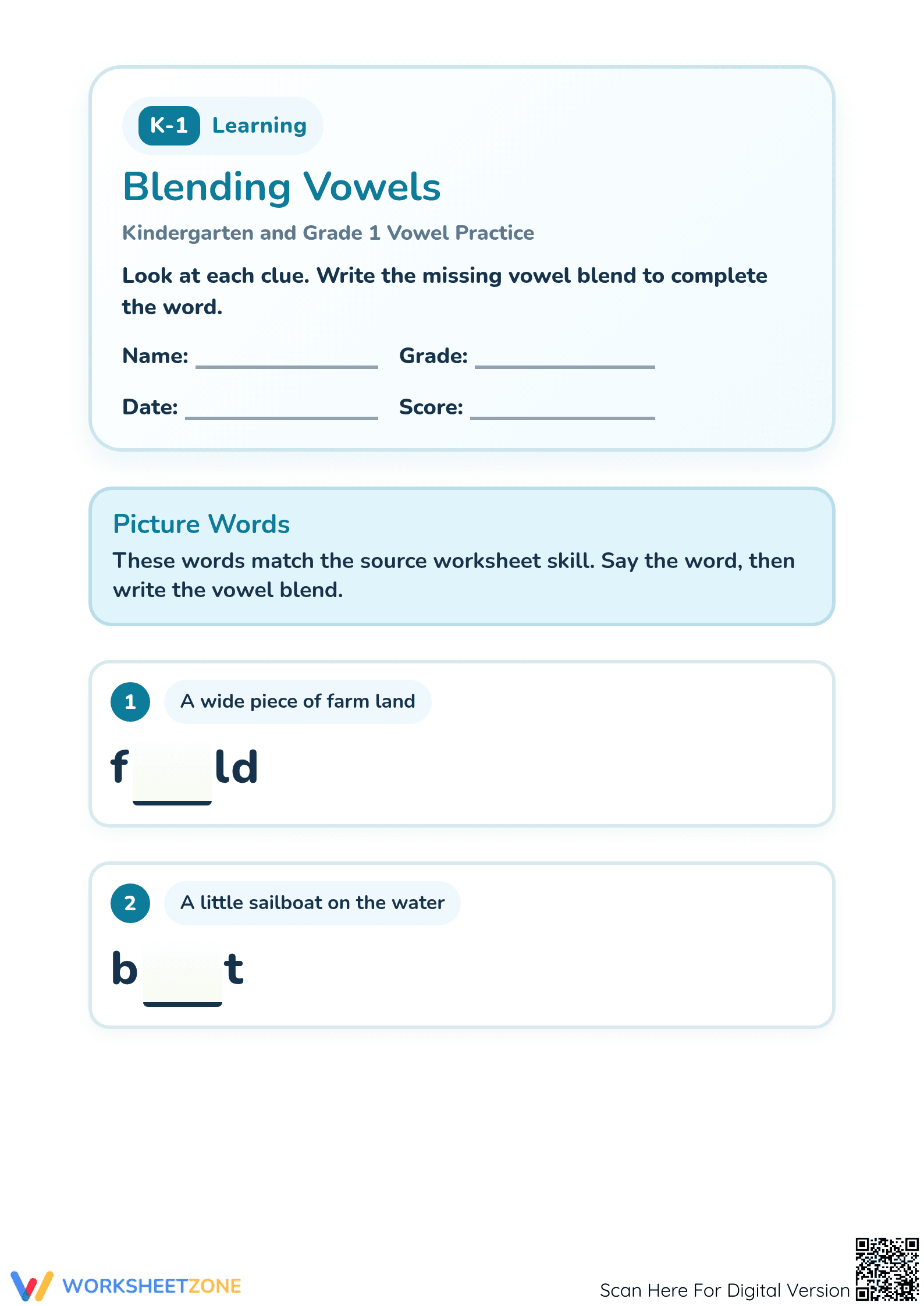 Essential Blending Vowels Worksheet | Grade K-1 ELA - Page 1