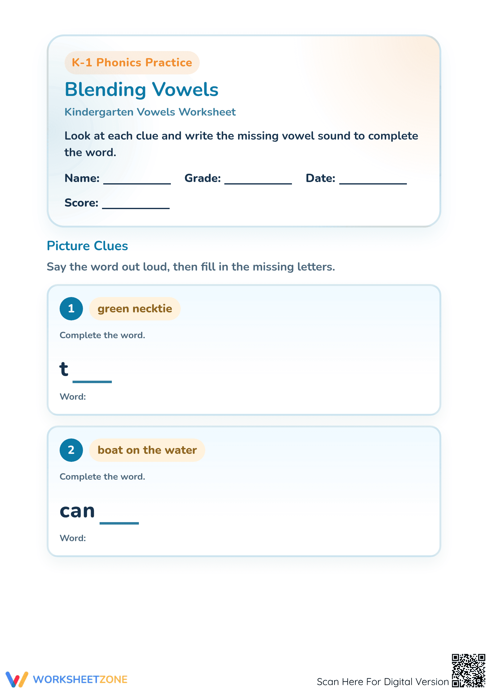 Printable Blending Vowels Worksheet | Grade 1 Phonics - Page 1