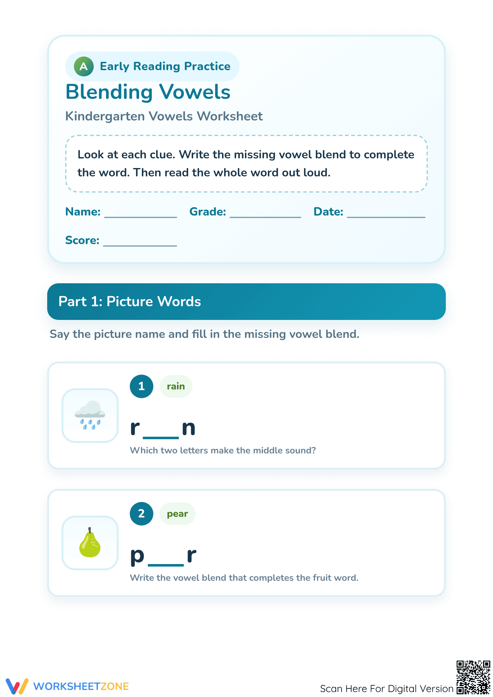 Blending Vowels Worksheet | Essential Grade 1 ELA Practice - Page 1