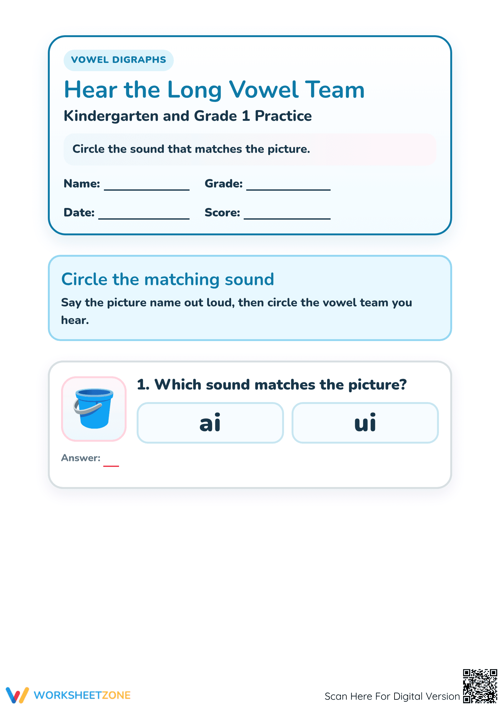 Grade 1 Vowel Digraphs — Printable No-Prep Worksheet - Page 1