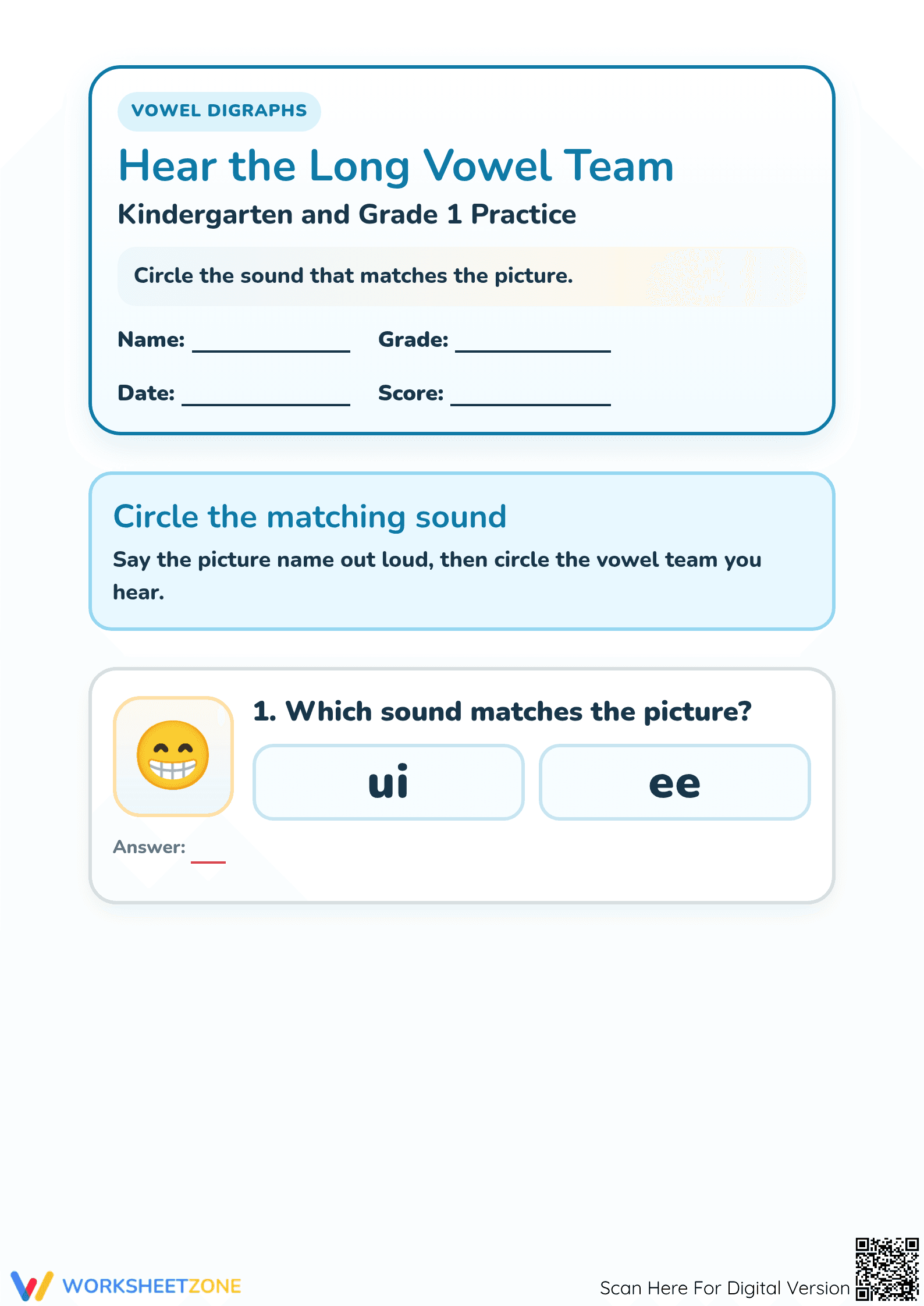 Grade 1 Vowel Digraphs — Printable No-Prep Worksheet - Page 1