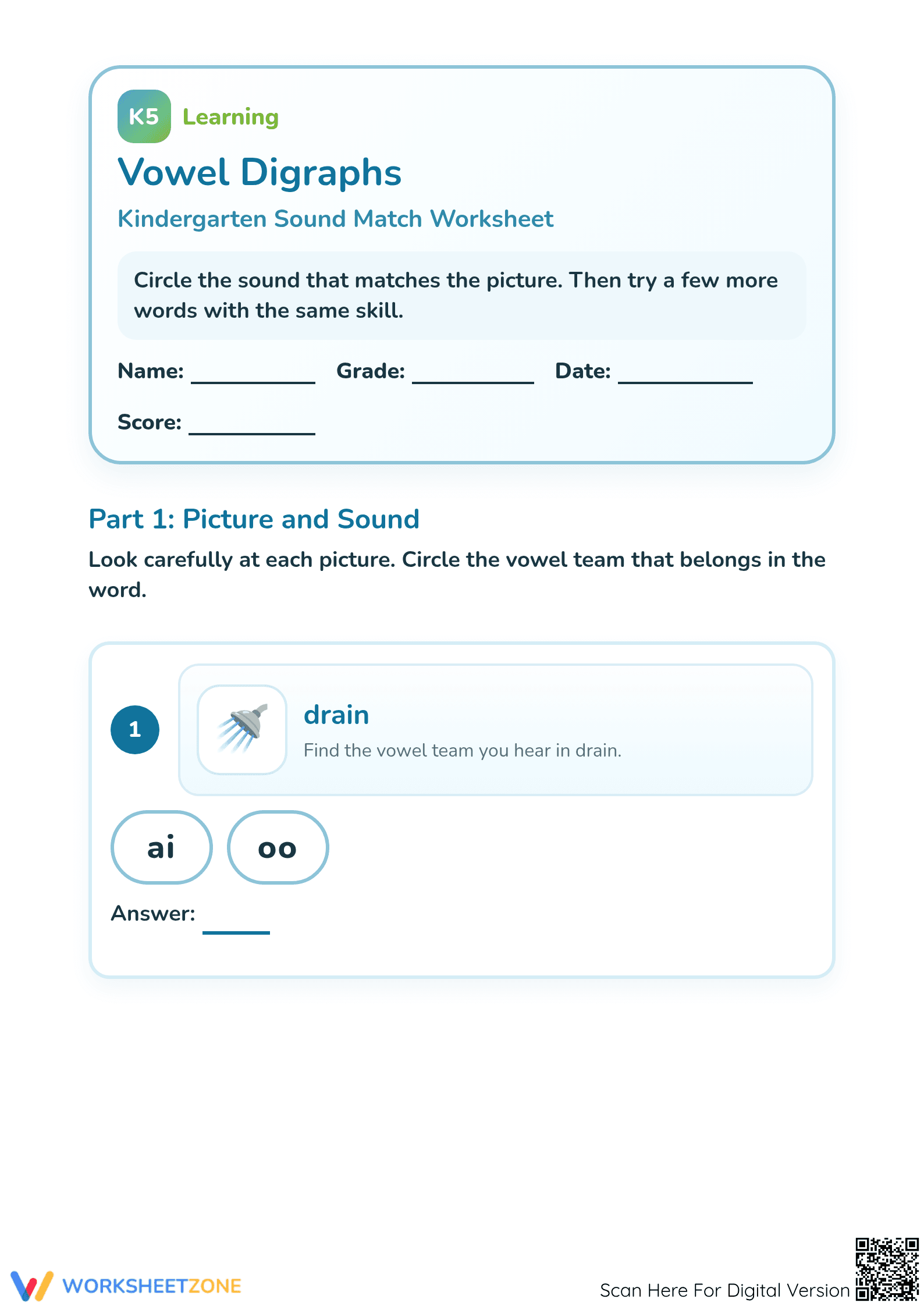 Vowel Digraphs Printable Worksheet | Kindergarten & Grade 1 - Page 1