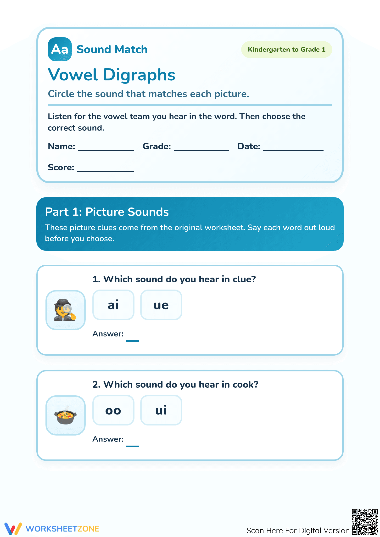 Printable Vowel Digraphs Worksheet | Grade 1 Phonics - Page 1