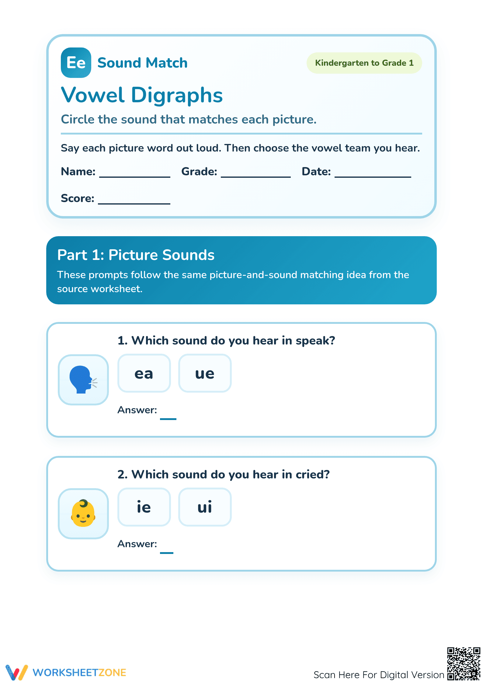 Essential Vowel Digraphs Practice: Grade 1 Phonics Guide - Page 1