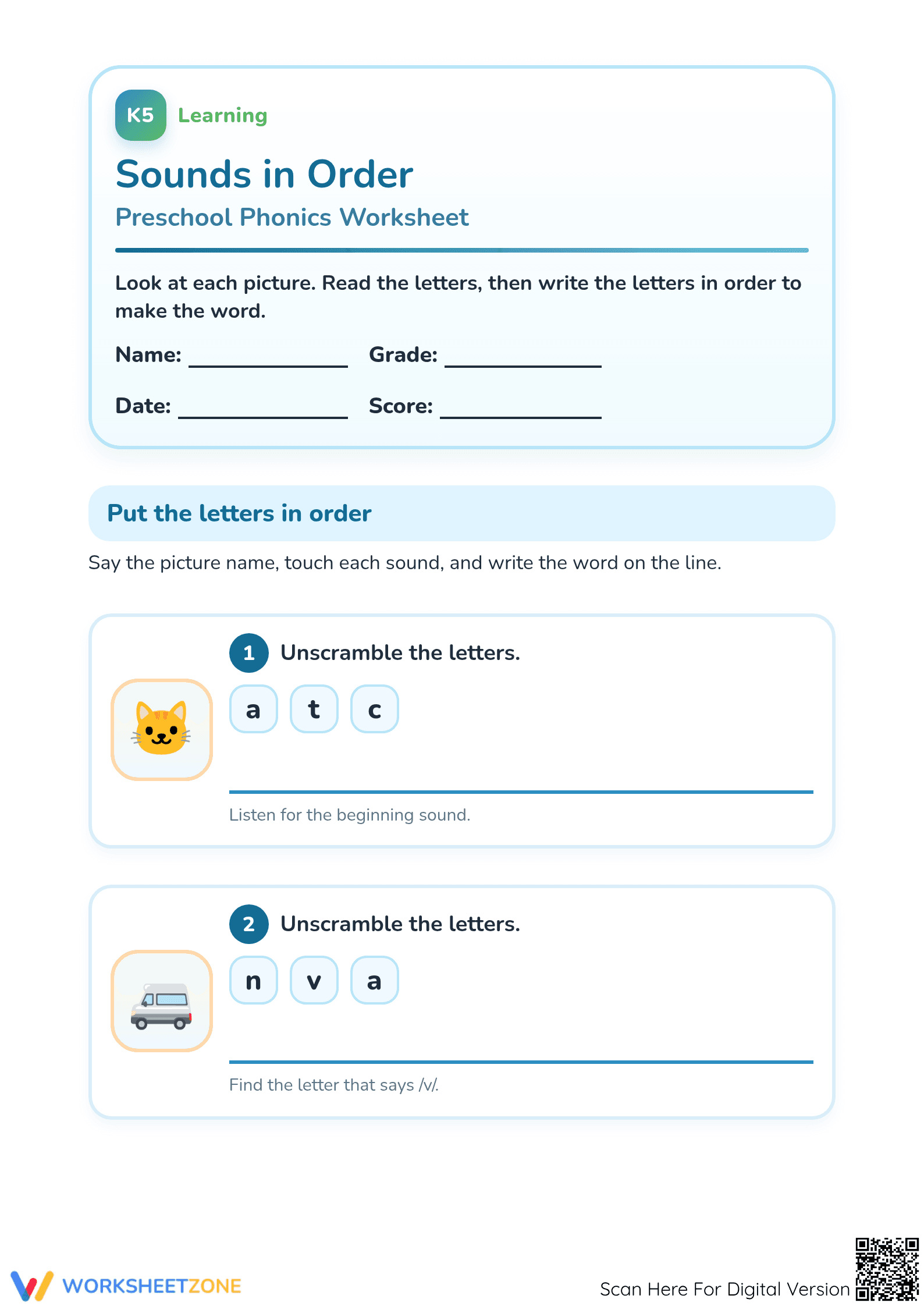 Preschool Sounds in Order — Printable No-Prep Worksheet - Page 1