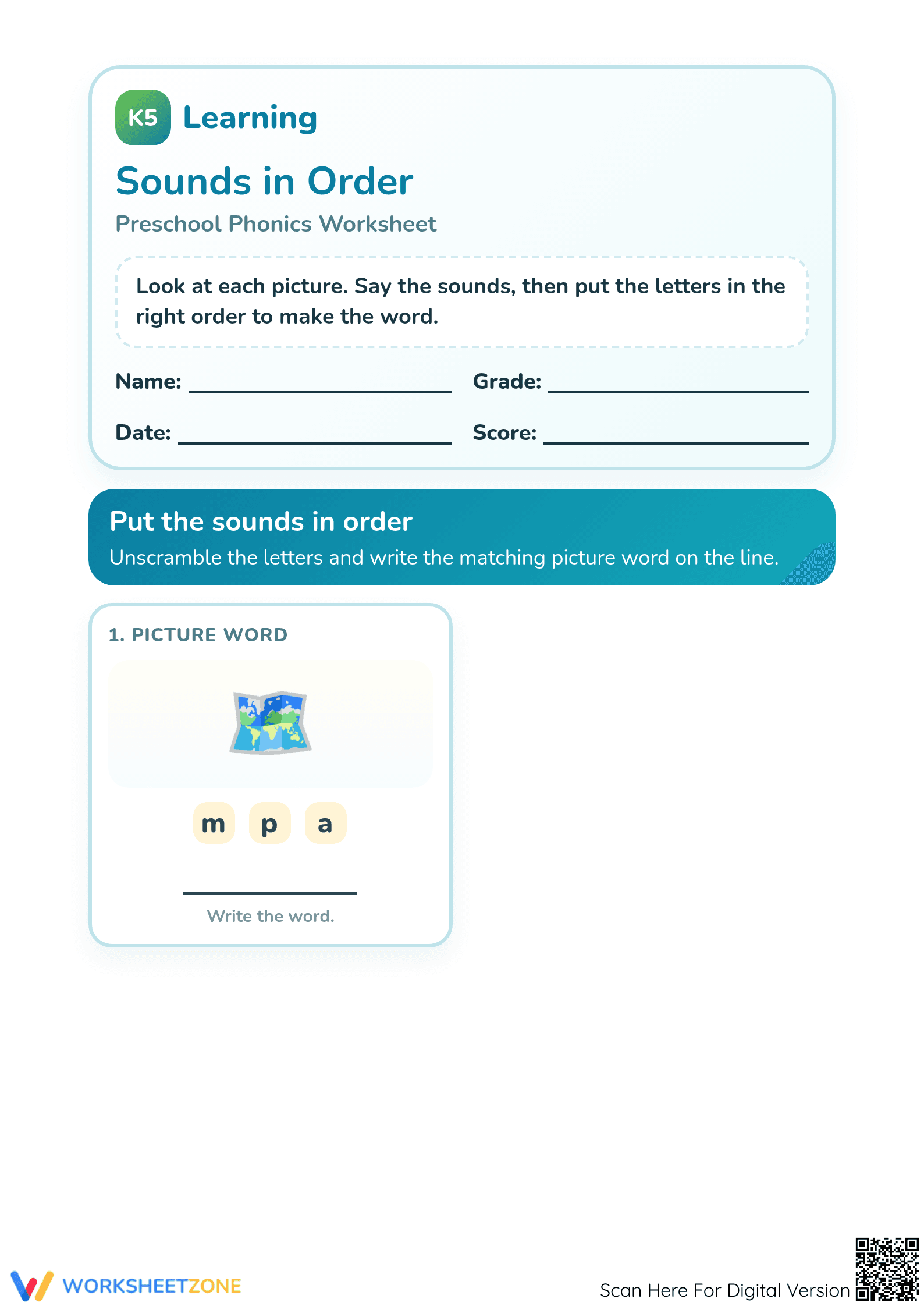 Preschool Sounds in Order Worksheet — Printable No-Prep ELA - Page 1