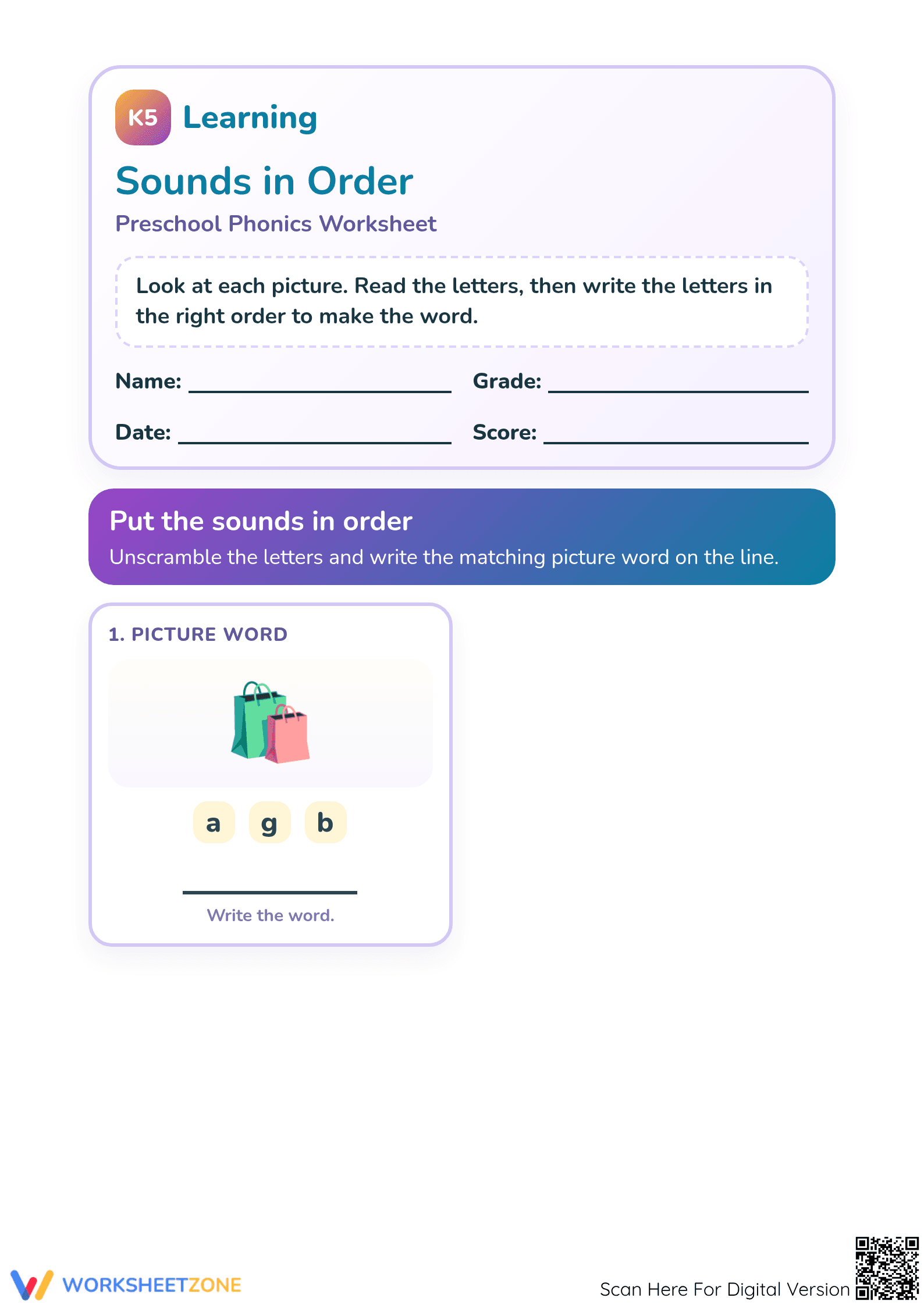Essential Preschool Ready: Sounds in Order 4 Phonics Worksheet - Page 1