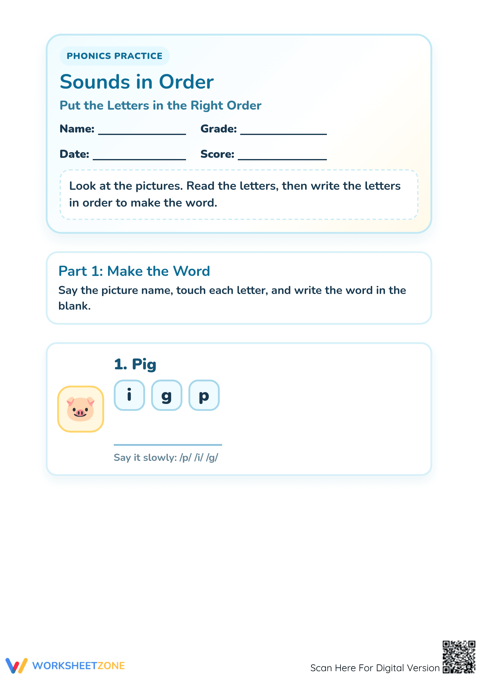 Sounds in Order Phonics Worksheet | Printable Preschool - Page 1