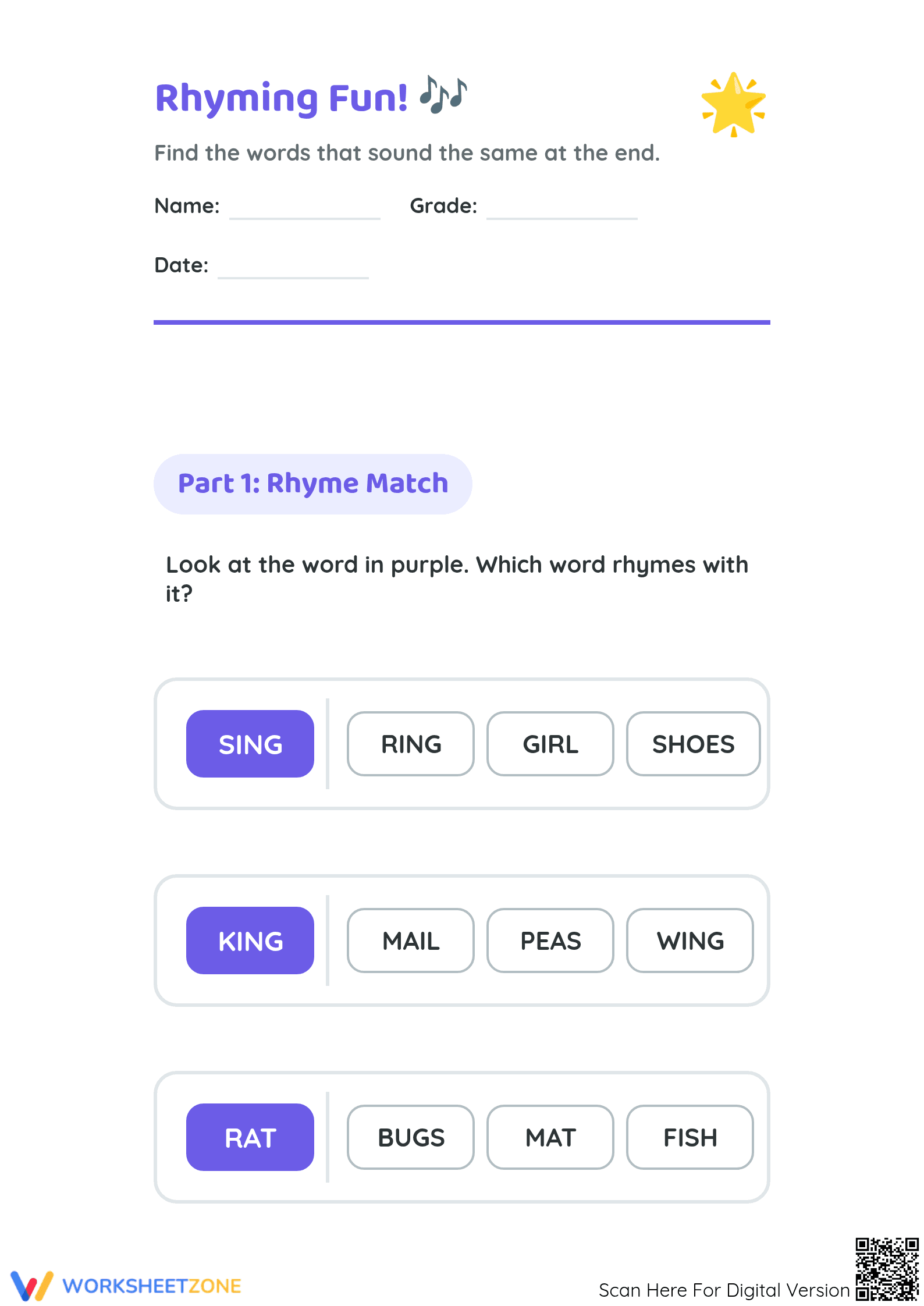 Grade K-1 Rhyming Words — Printable No-Prep Worksheet - Page 1