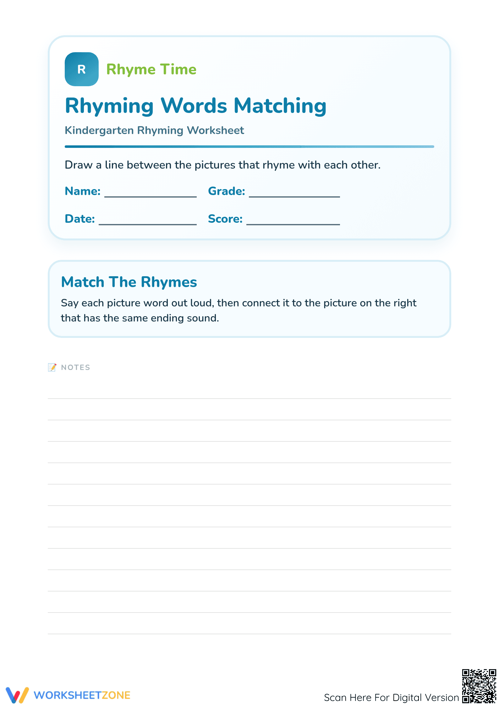 Printable Rhyming Words Matching Worksheet | Grade K ELA - Page 1