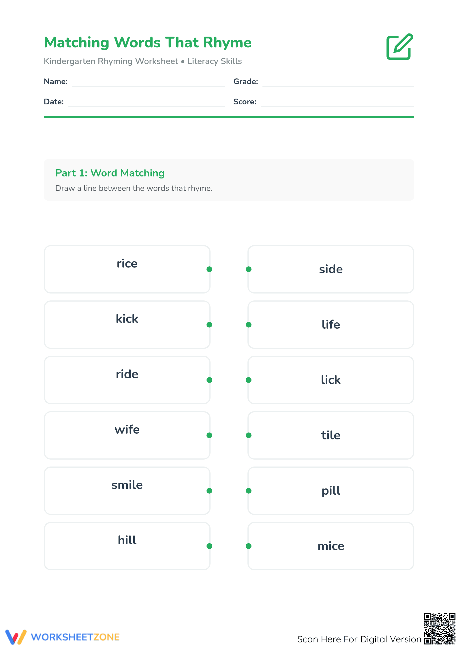 Printable Rhyming Words Worksheet | Kindergarten ELA - Page 1