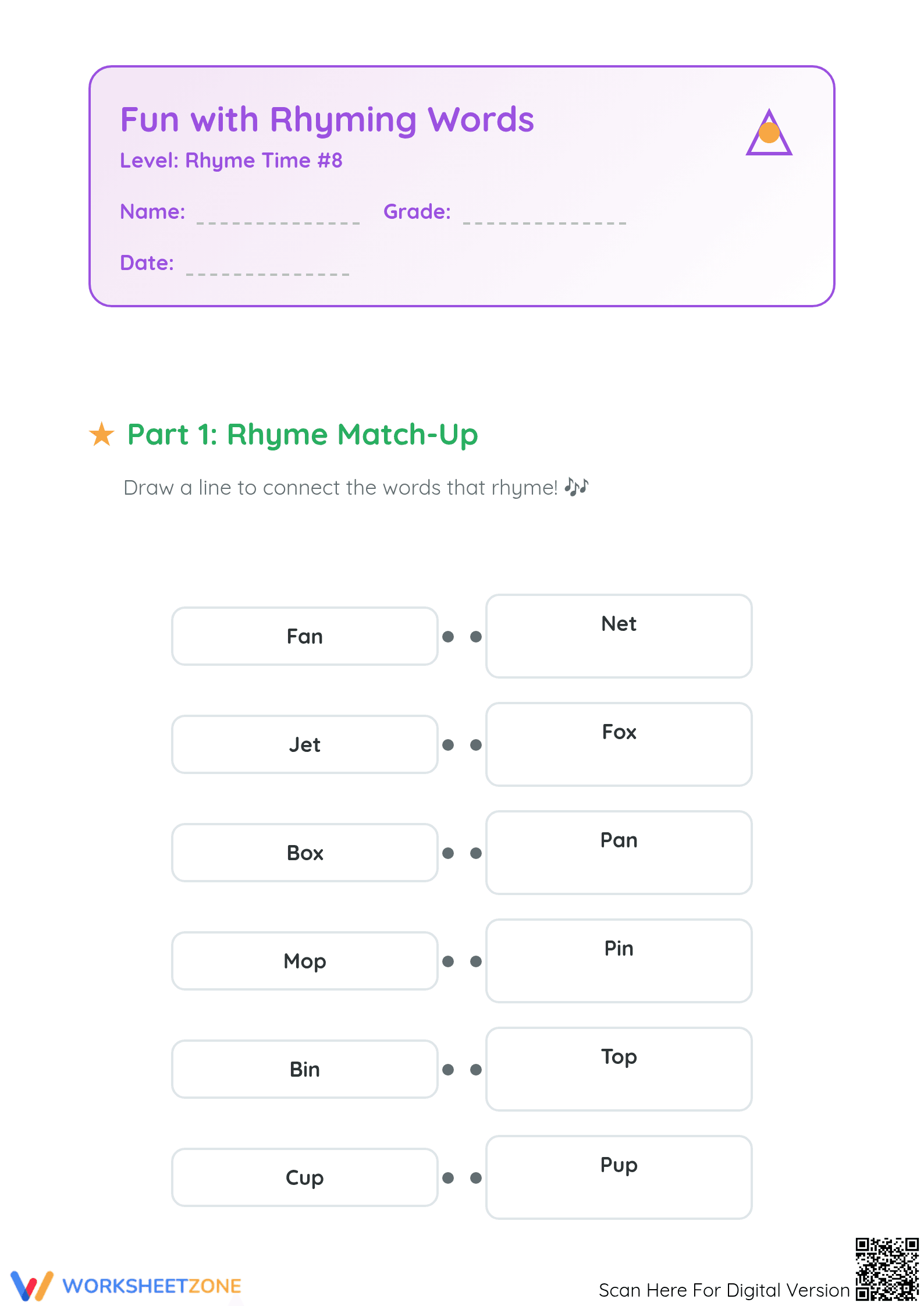 Printable Rhyming Words Matching Worksheet | Kindergarten ELA - Page 1