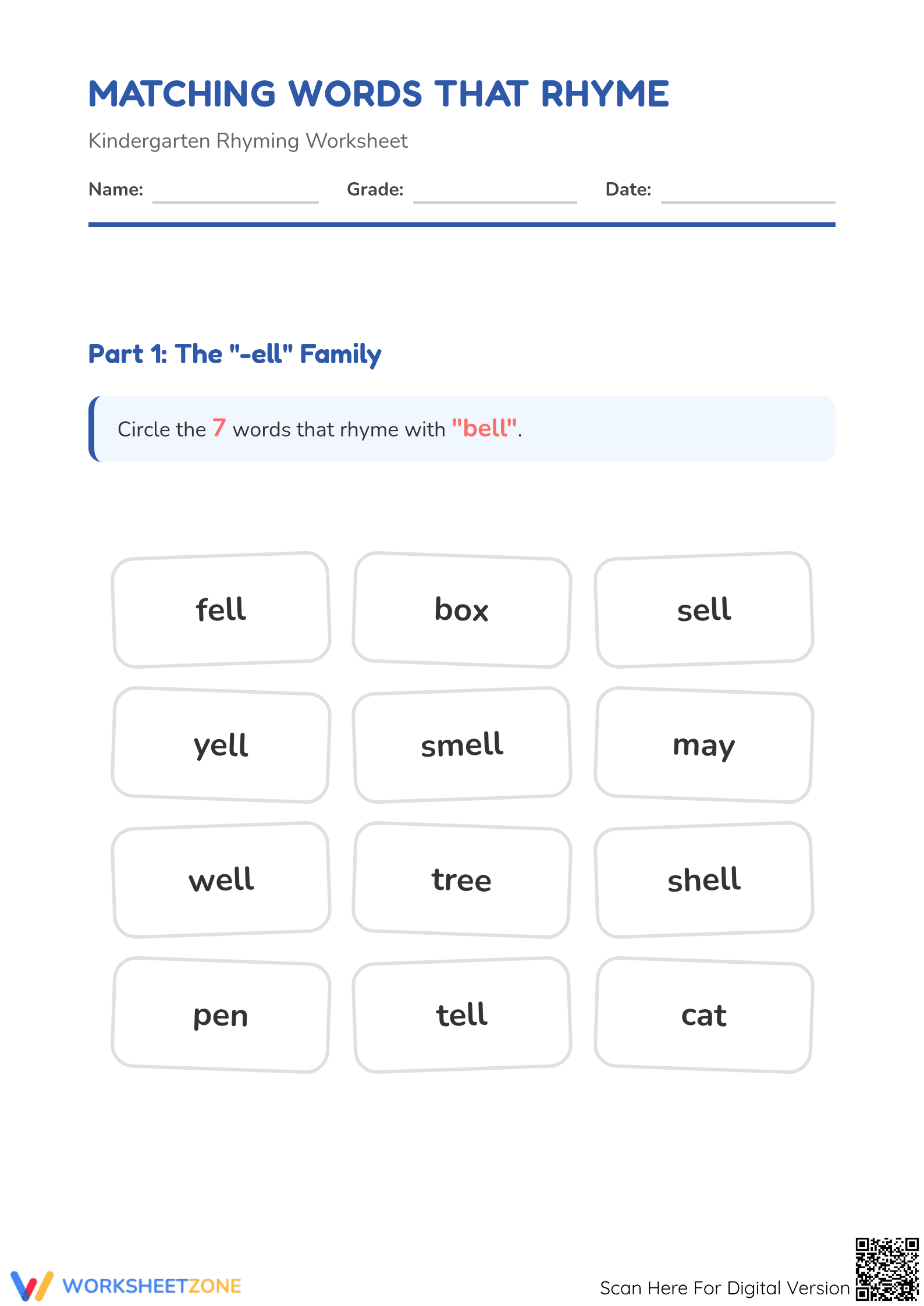 Rhyming Words Worksheet | Grade K Printable - Page 1