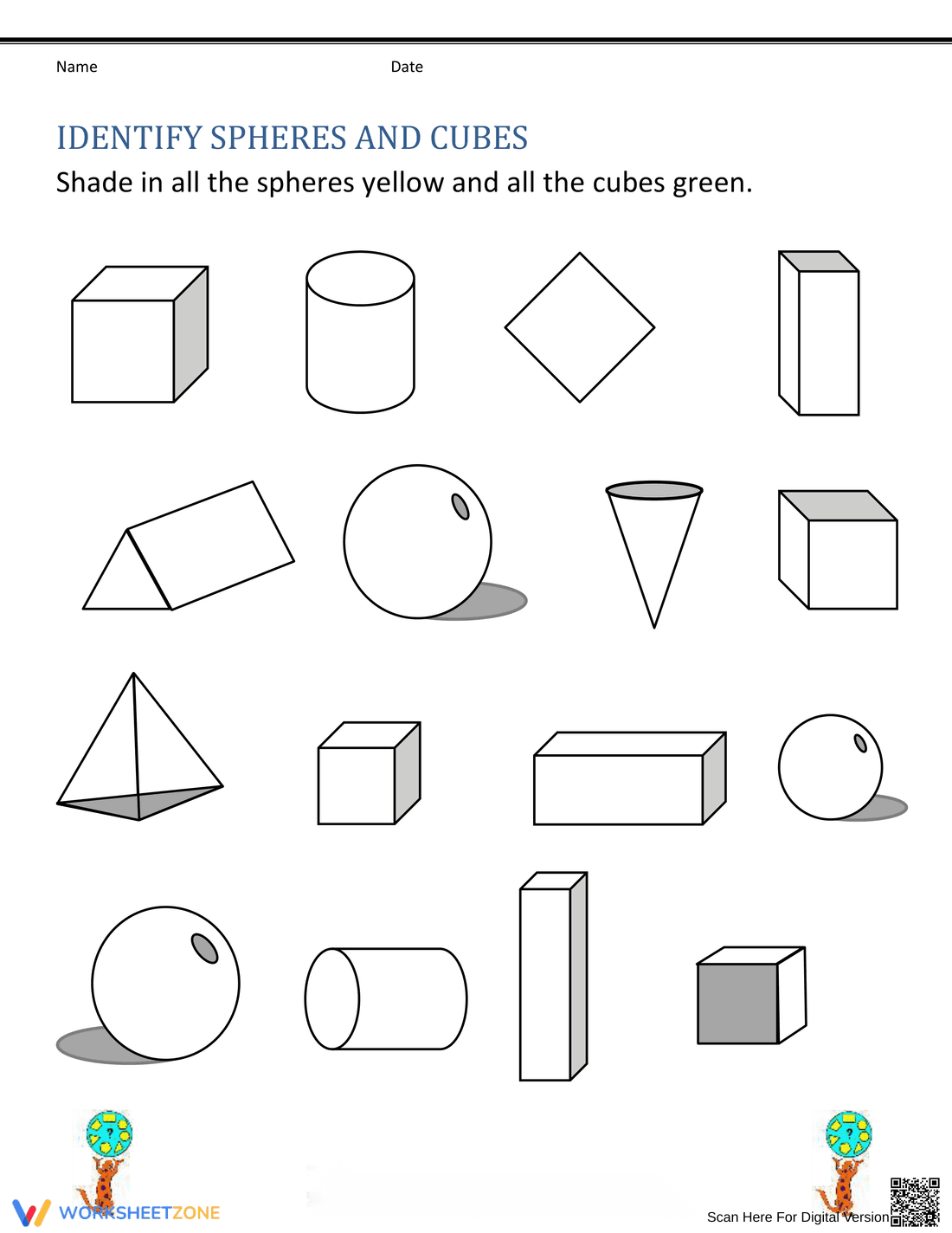 Identify Spheres and Cubes Worksheet - Page 1