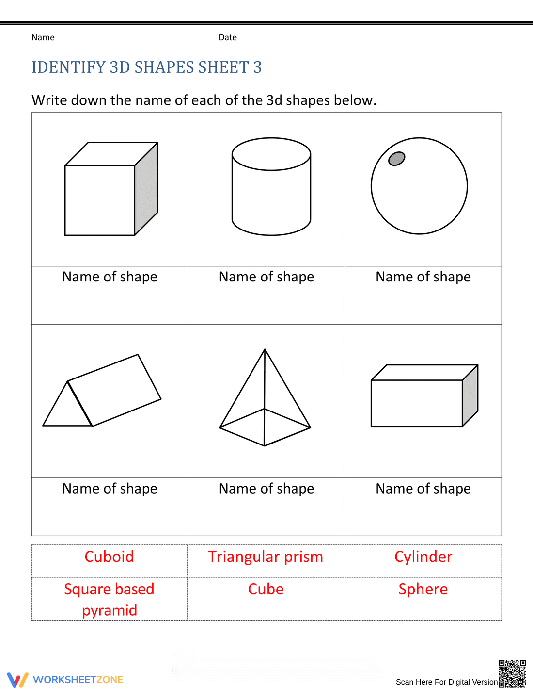 3D Shapes Identification Practice - Page 1