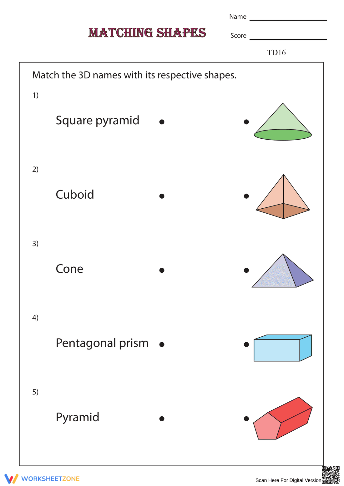 3D Shapes Matching Worksheet - Page 1