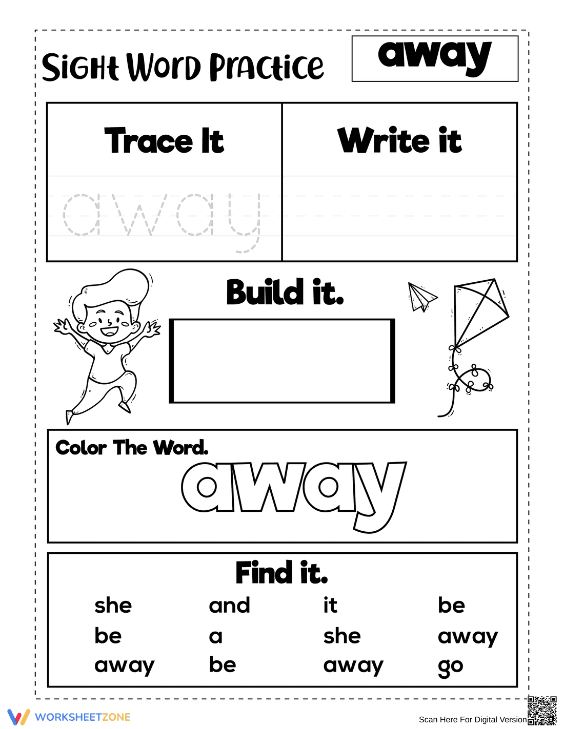 Grade K Sight Word Away — Printable No-Prep Worksheet - Page 1