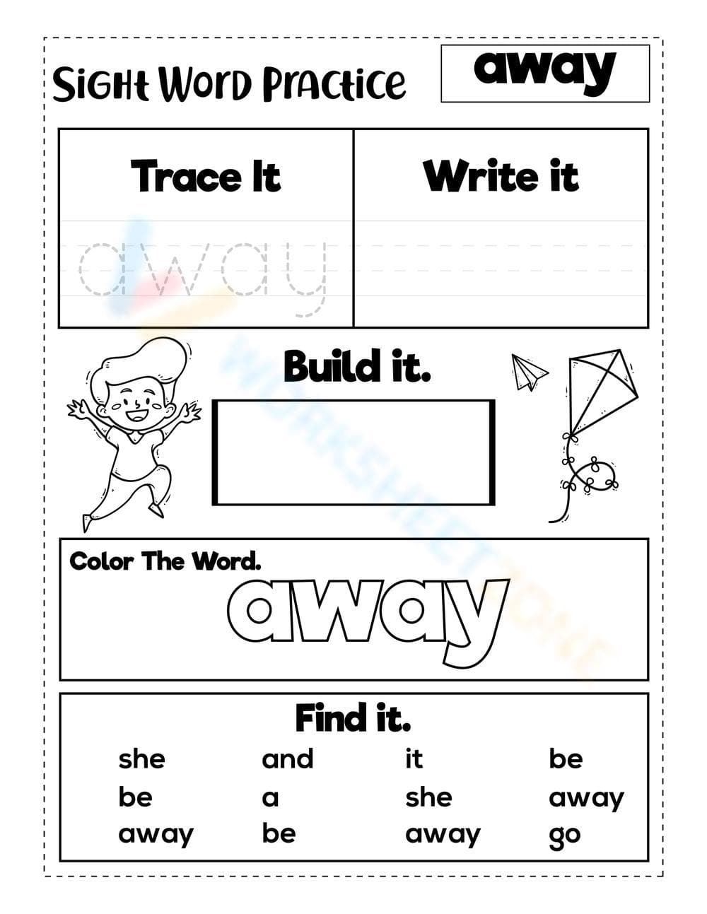 Grade K Sight Word Away — Printable No-Prep Worksheet - Page 1