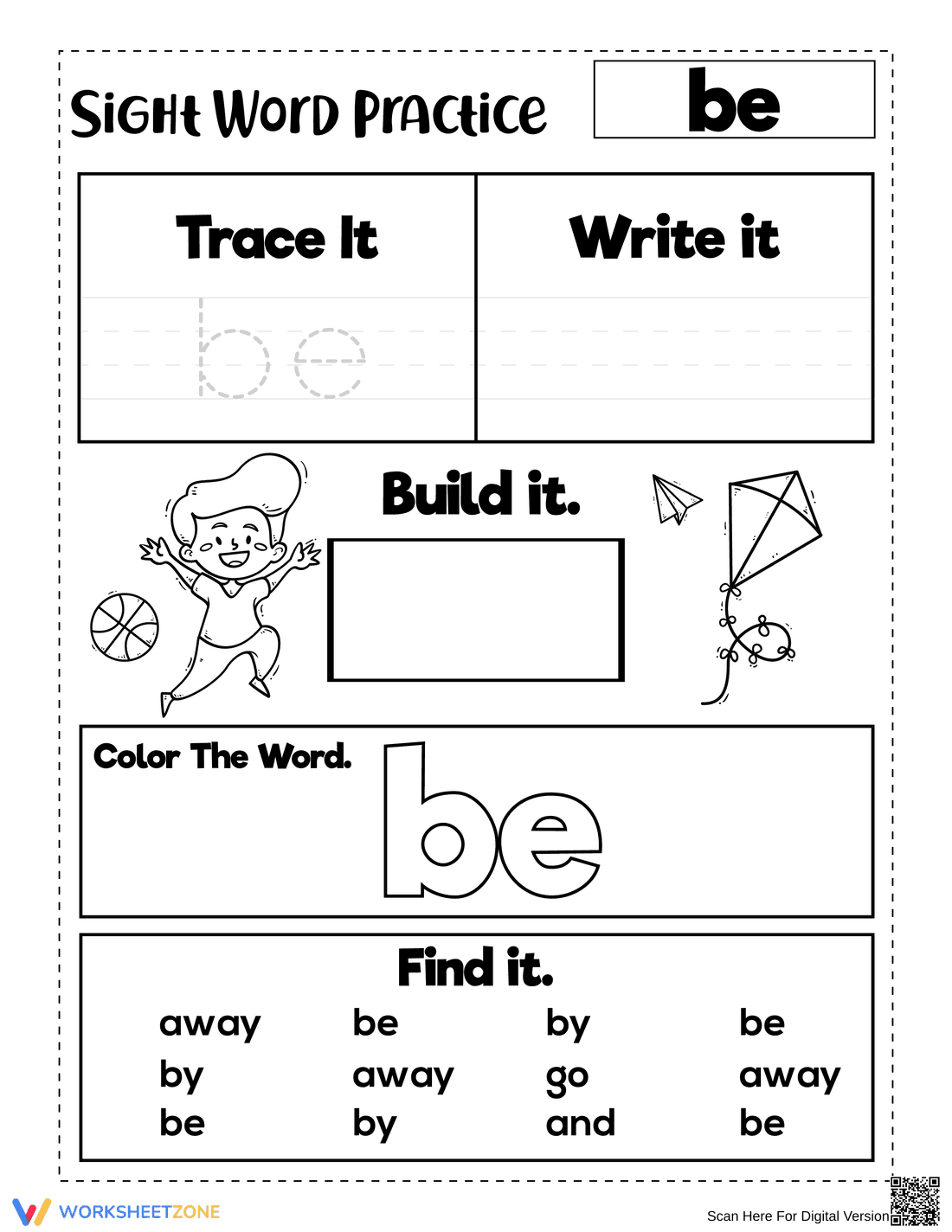 Sight Word "be" Worksheet | Essential Grade K-1 ELA - Page 1