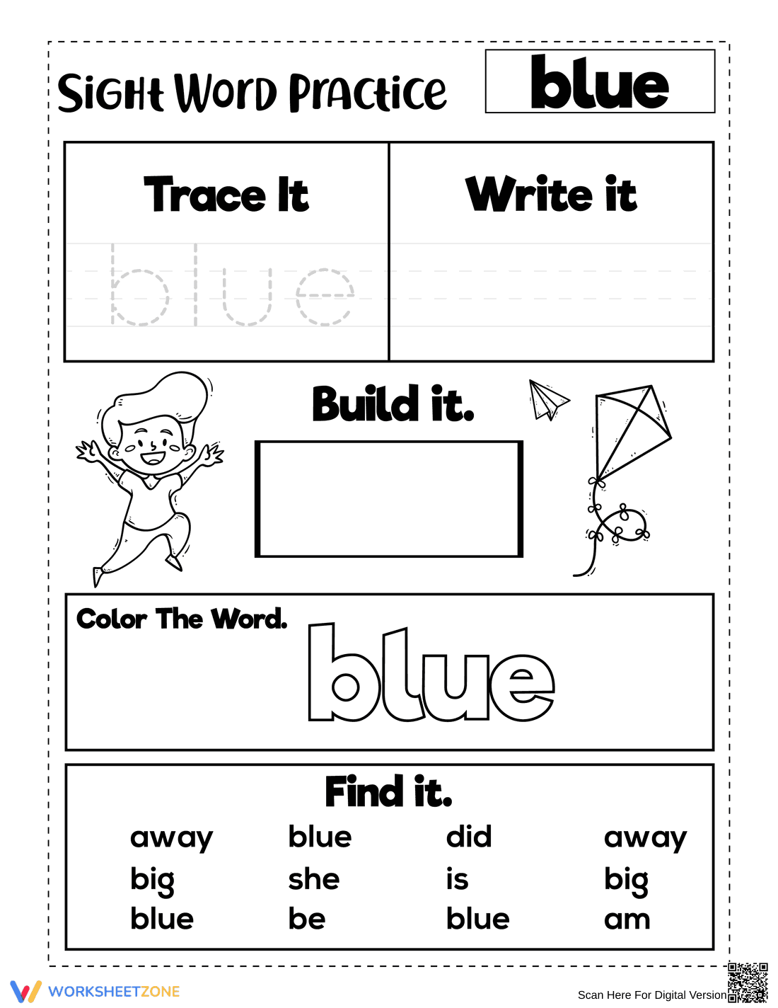 Grade K Sight Word Blue — Printable No-Prep Worksheet - Page 1