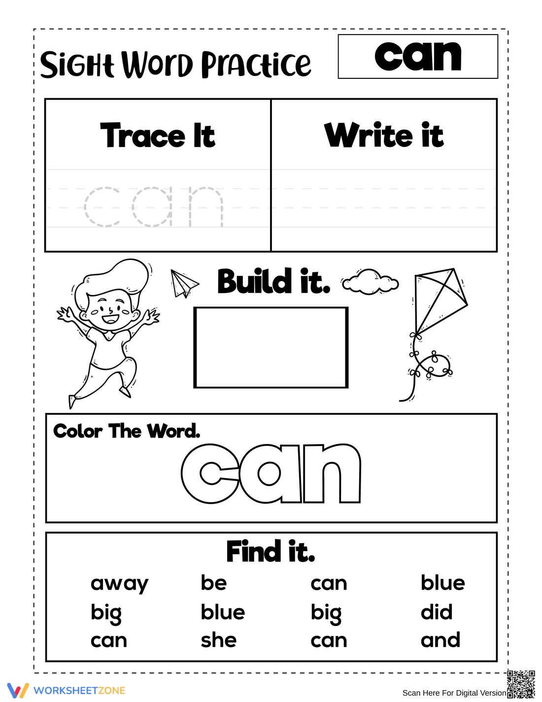 Kindergarten Sight Word Can — Printable No-Prep Worksheet - Page 1