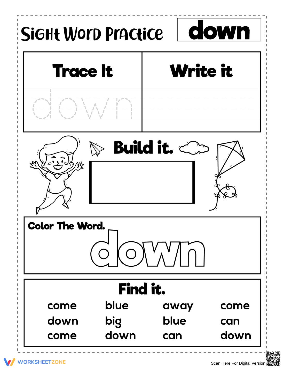 Printable Sight Word Down Worksheet | Grade K ELA - Page 1