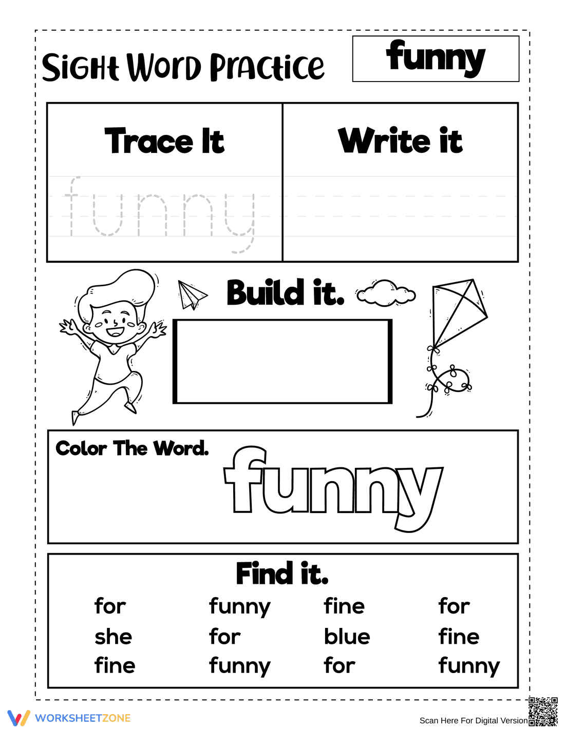 Grade K Sight Word "funny" — Printable No-Prep Worksheet - Page 1