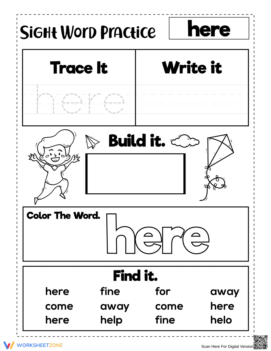 Kindergarten Sight Word Here — Printable No-Prep Worksheet - Page 1