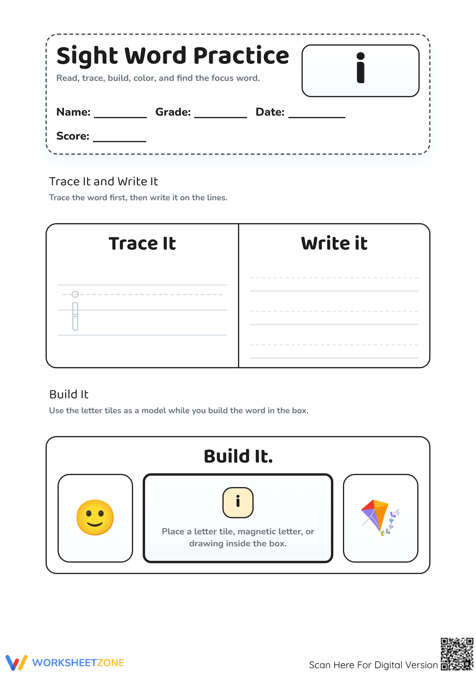 Grade K Sight Word 'i' — Printable No-Prep Worksheet - Page 1