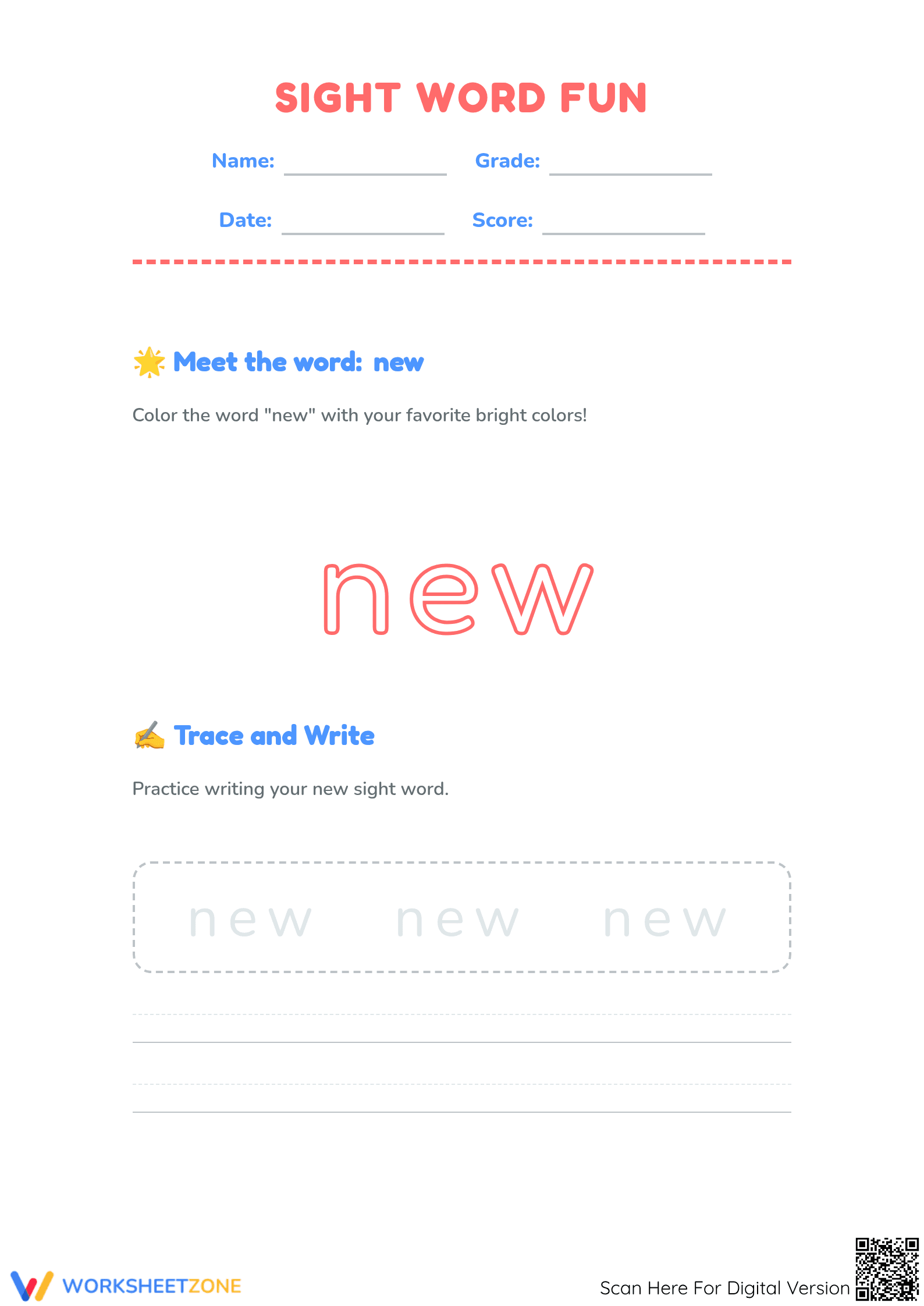 Grade 1 Sight Word "new" — Printable No-Prep Worksheet - Page 1