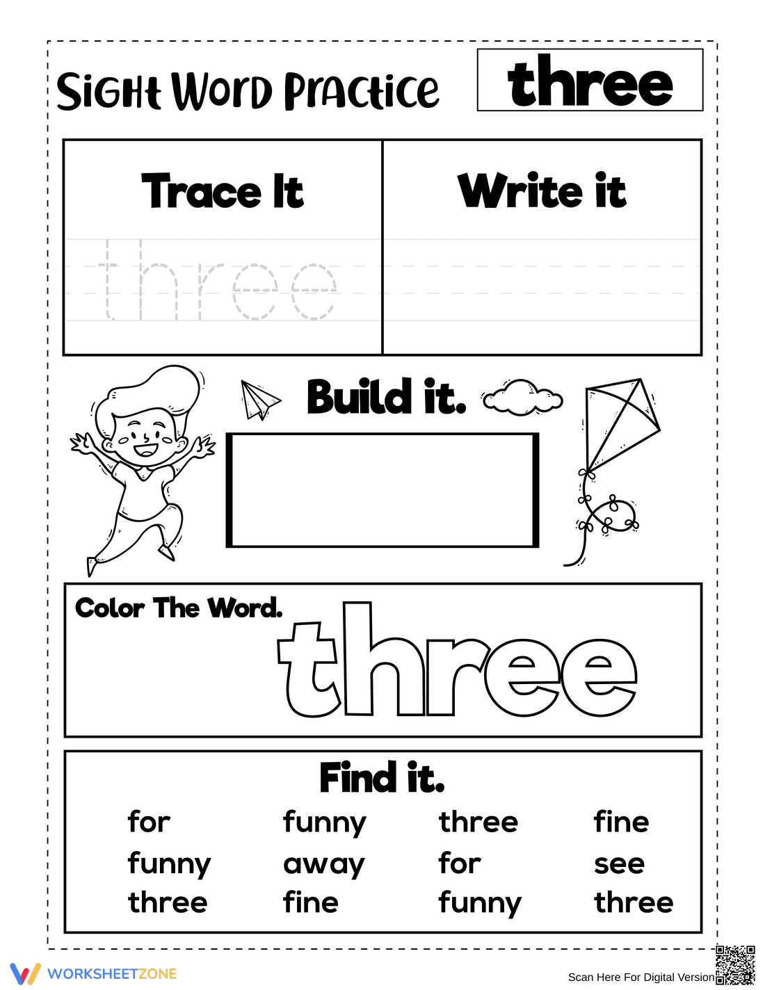 Printable Sight Word Three Worksheet | Grade K Ready - Page 1