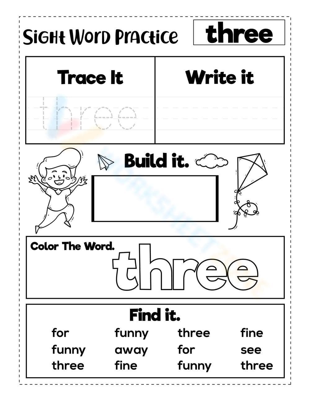 Printable Sight Word Three Worksheet | Grade K Ready - Page 1
