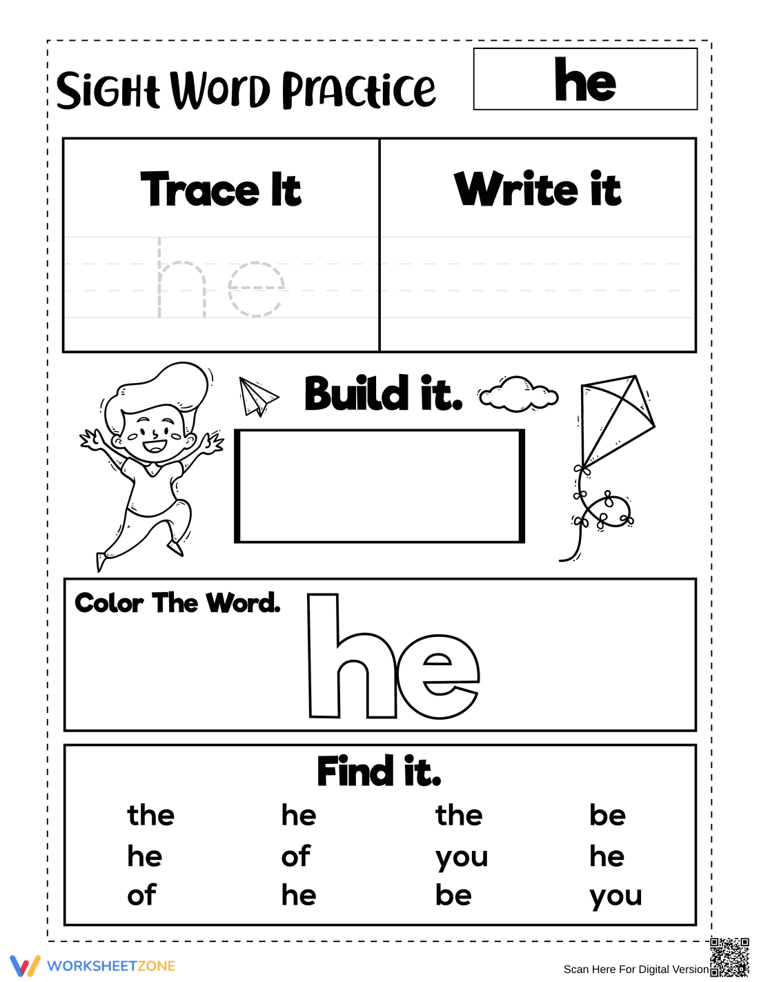 Sight Word "he" Worksheet | Grade K-1 Essential - Page 1