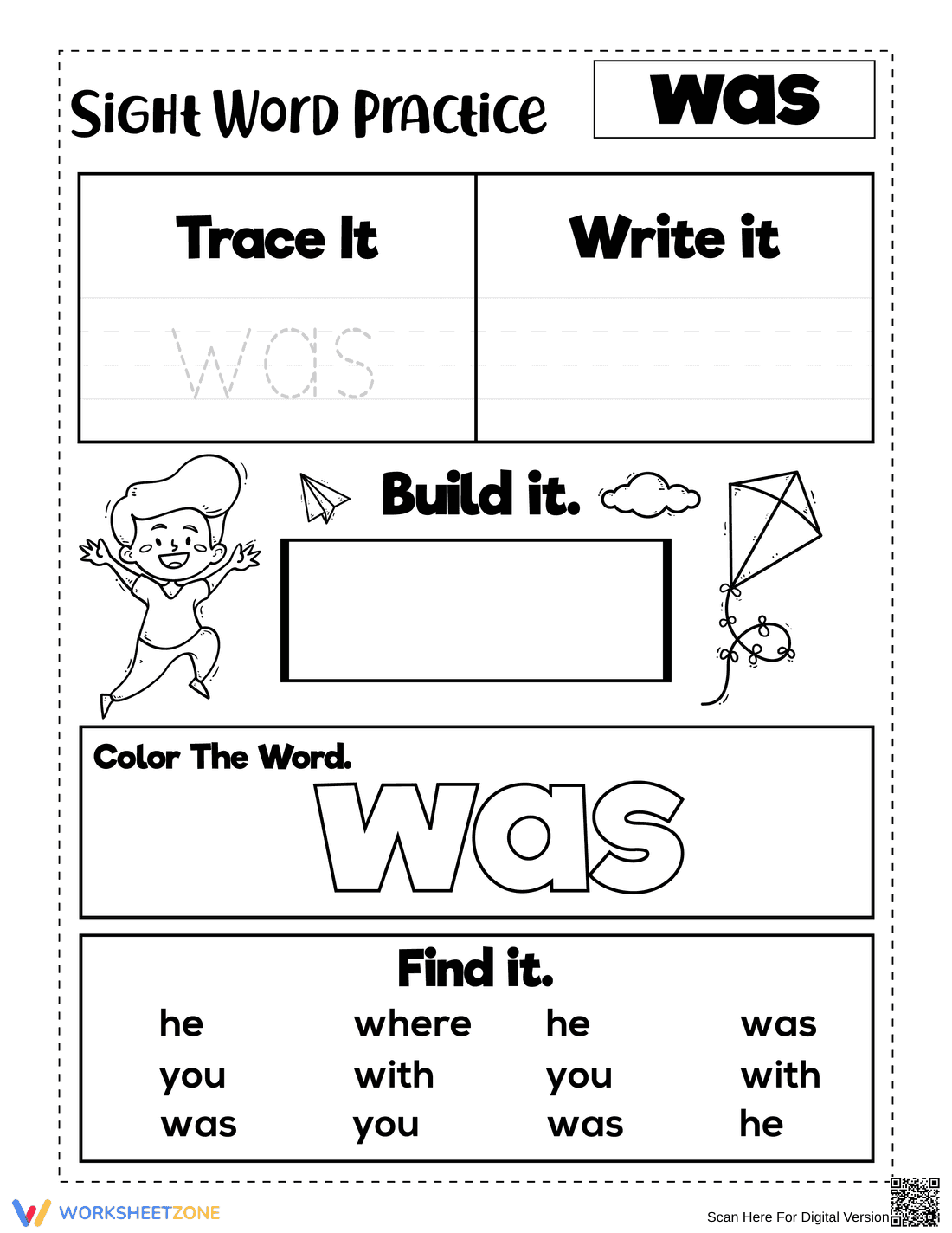 Grade K Sight Word "Was" — Printable No-Prep Worksheet - Page 1