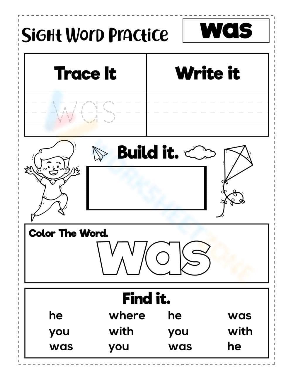 Sight Word "was" - Page 1