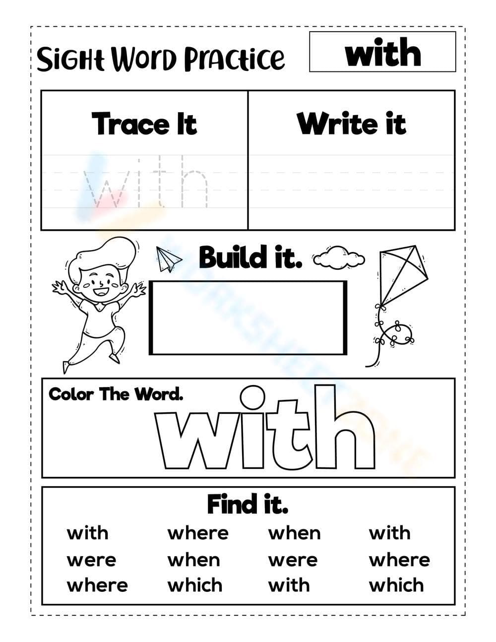 Sight Word "with" Worksheet | Essential Grade K-1 ELA - Page 1